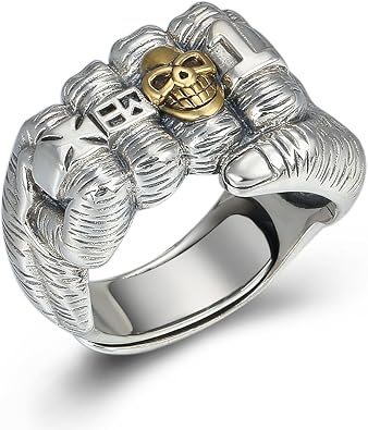 Power Fist Ring For Men, Vintage Gothic Cuff Skeleton Head Opening Adjustable Oxidized Domineering Fist Statement Skull Hammering Gesture Hip Hop Ring Jewelry Gifts for Men