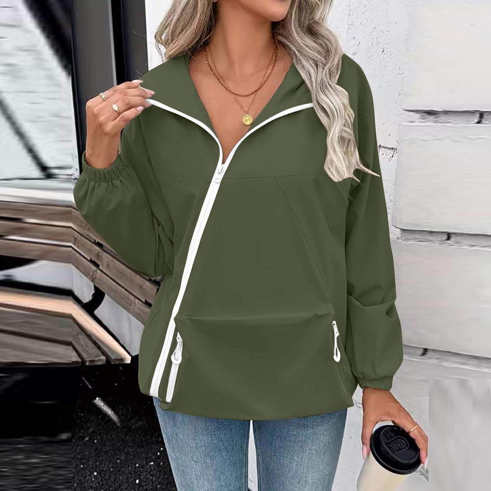 Veste Imperméable Femme Zippé Coupe Vent Avec Capuche Ciré Veste À Capuche Légère Manteaux Fine Décontracté Ample Parka Imperméable Avec Poches Pour Randonnée Camping Cyclisme