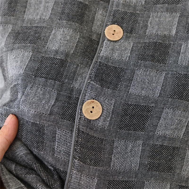 Shanghai Story Men's Gauze Cotton Check Print Long Sleeves Solid Sleepwear Long Pants Set Autumn Spring4