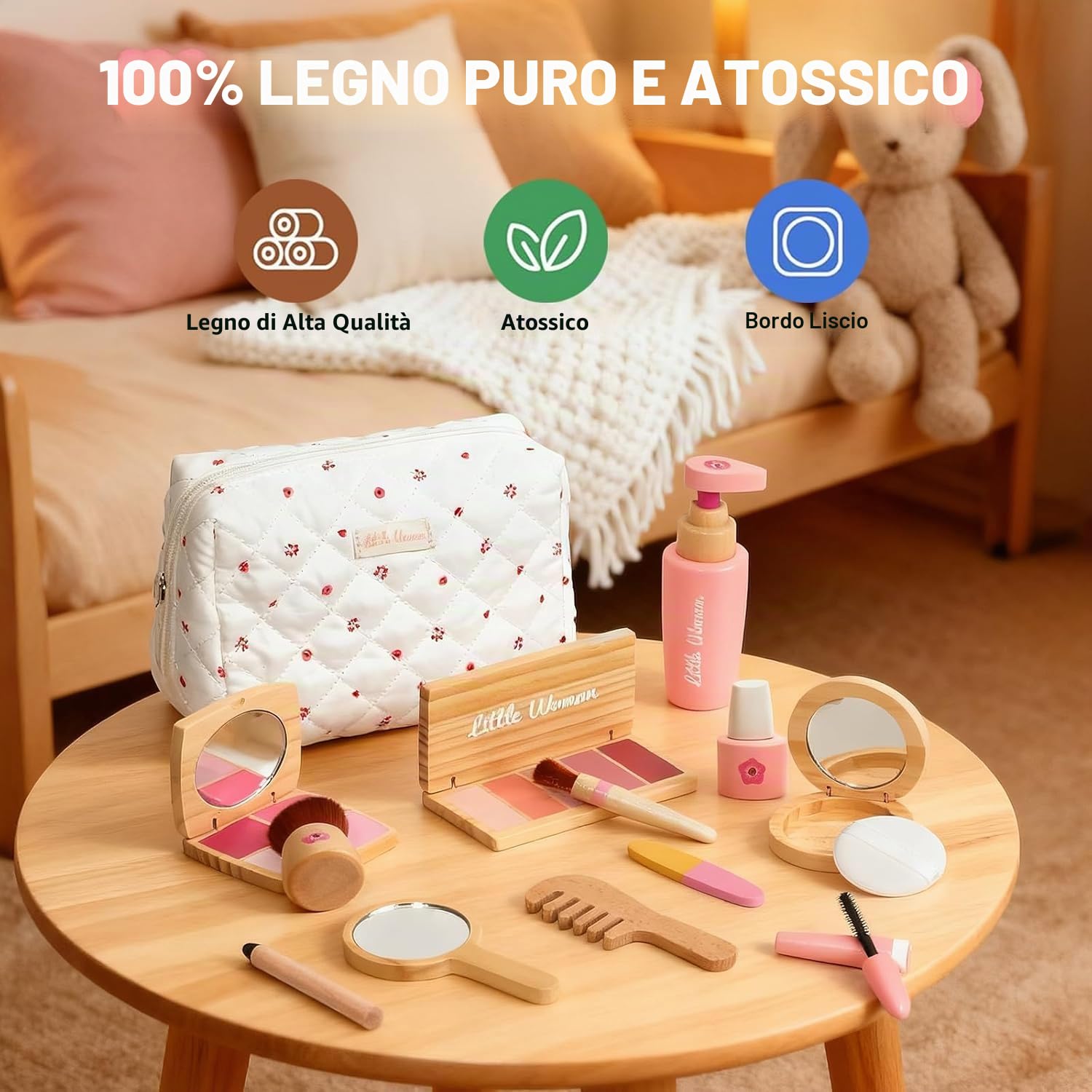 Set Trucchi Bambina in Legno Finti, Bacxzomx Finto Trucco Bellezza Salone con Trousse Cosmetici, Accessori Postazione Trucco Bimba, Giochi in Legno, Regalo Bambine 3 4 5 6 7 Anni