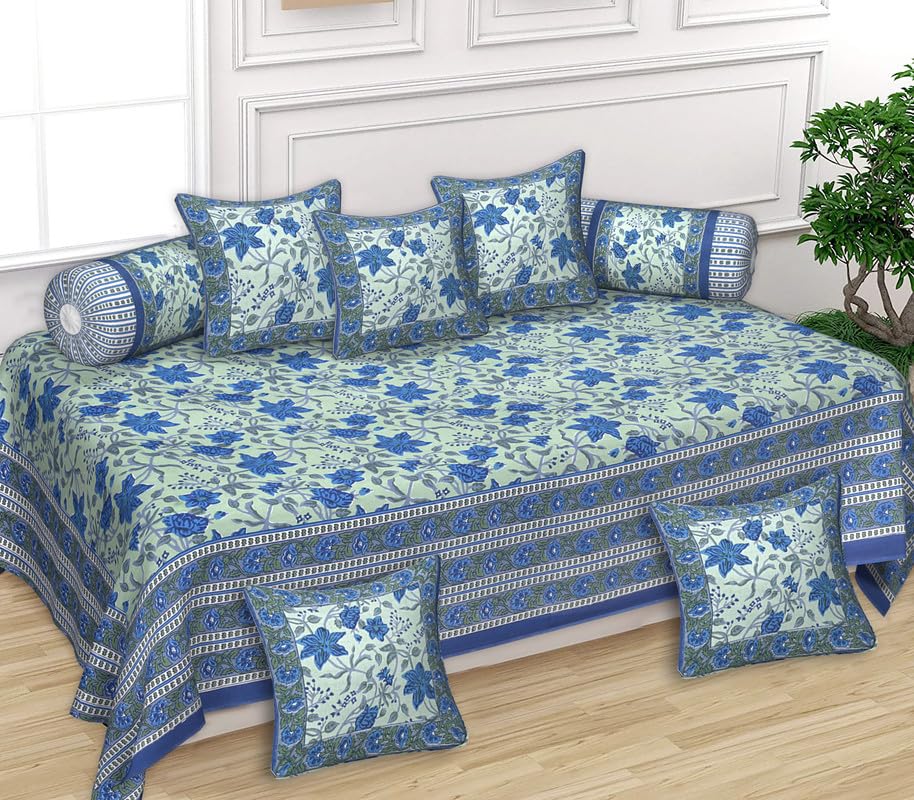 Texstylers 100% Cotton 190TC Deewan Set of 8 Pcs | Diwan Printed Bedsheet Set for Living Room Hall (1-Bed Sheet 58x88 Inch | 2-Bolster 16x32 in | 5-Cushion Cover 16x16 Inch), Blue & Green, Floral-image-47