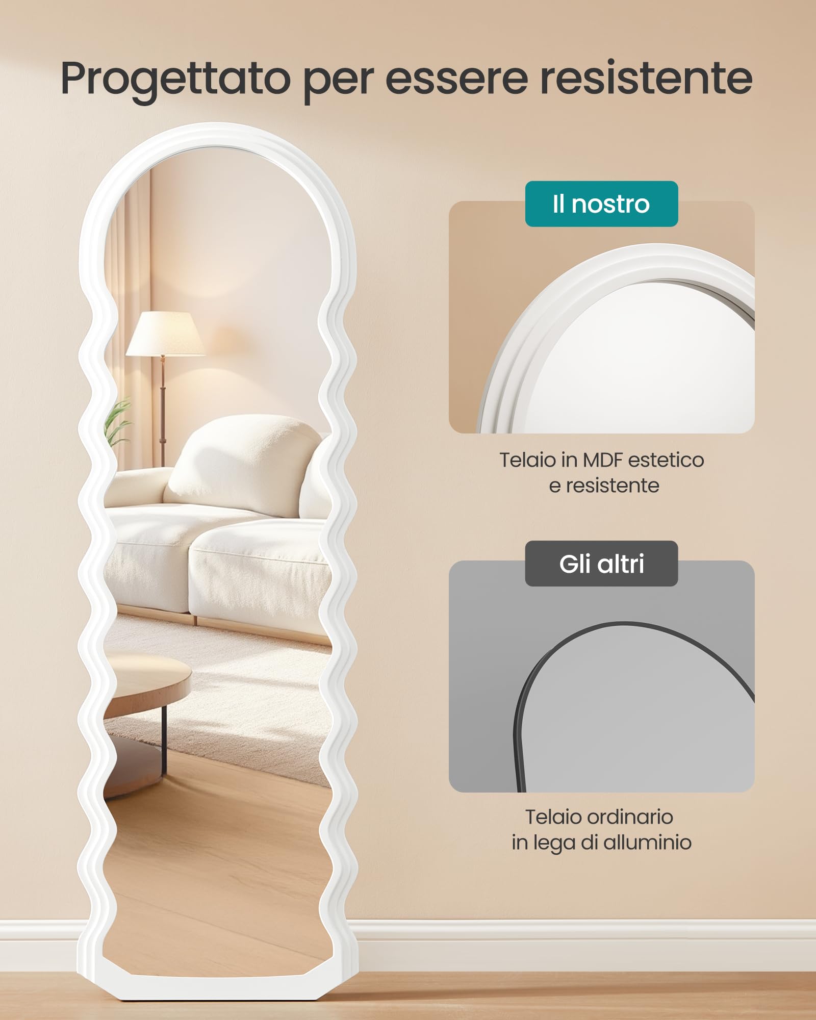 SONGMICS Specchio da Terra a Figura Intera, 160 x 50 cm, Specchio Ondulato Irregolare con Supporto, Cornice in MDF, Camera da Letto Soggiorno Ingresso, Bianco Nuvola LFM027W01