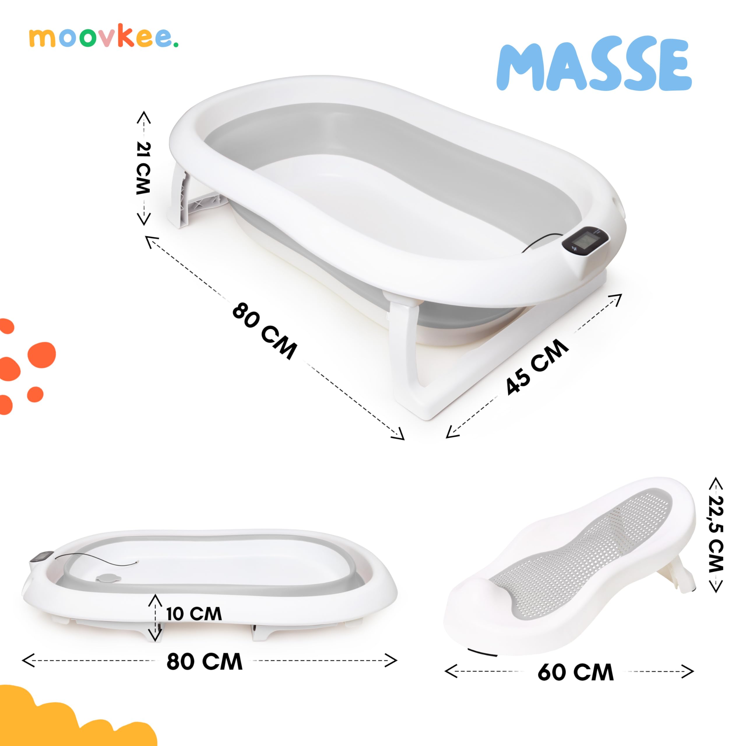 Baby Badewanne 80cm - Babybadewanne Faltbar Grau 0-36 Monate | mit Thermometer und Badesitz Baby Bathtub für Kinder Kinderbadewanne Tragbare