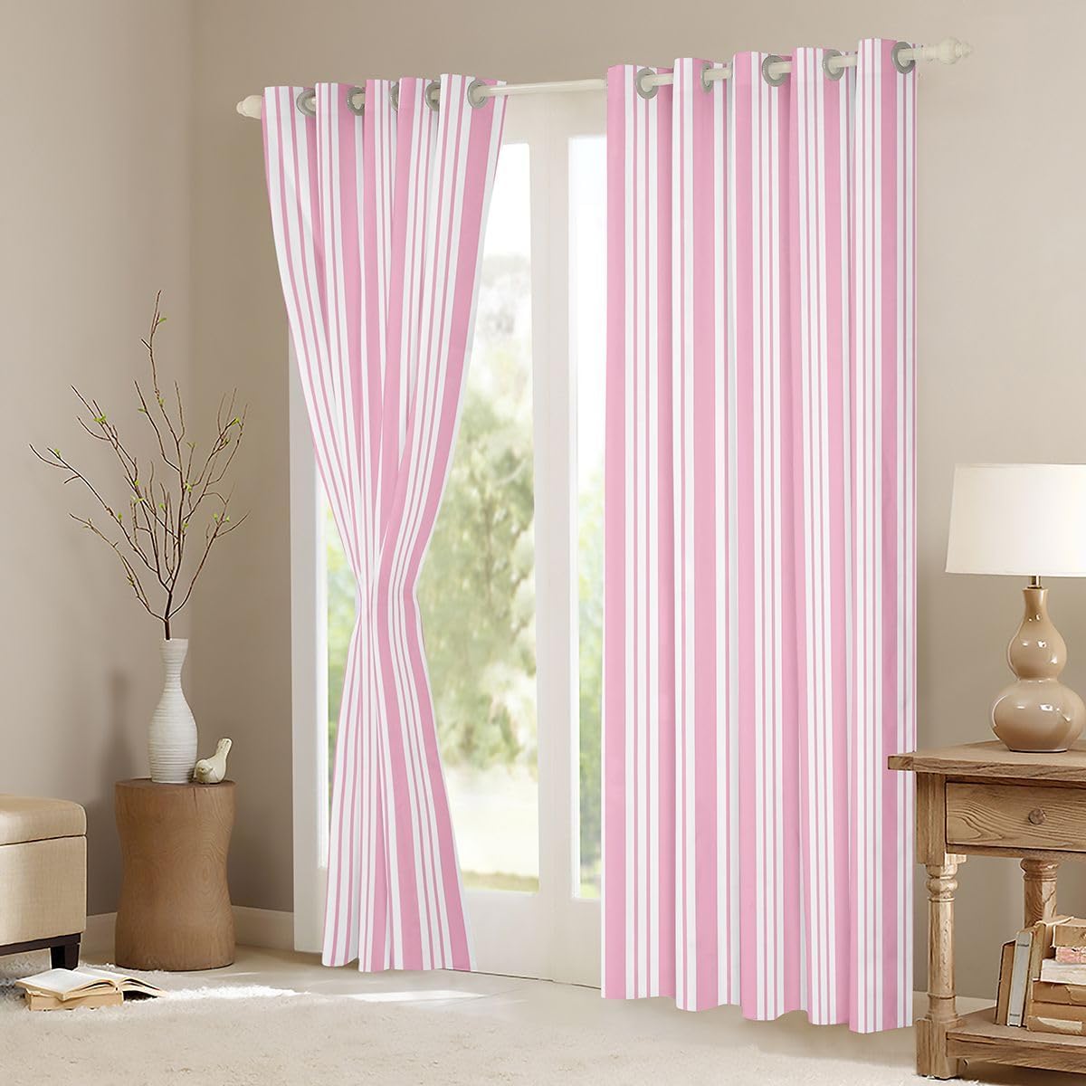 Blush Striped Blackout Curtains Fashion Linear Stripe Window Drapes,Modern Minimalist Aesthetic Window Treatments,Kids Boys Girls Room Decor,Grommet Top 2 Panel Set Curtains, 42Wx90L inch