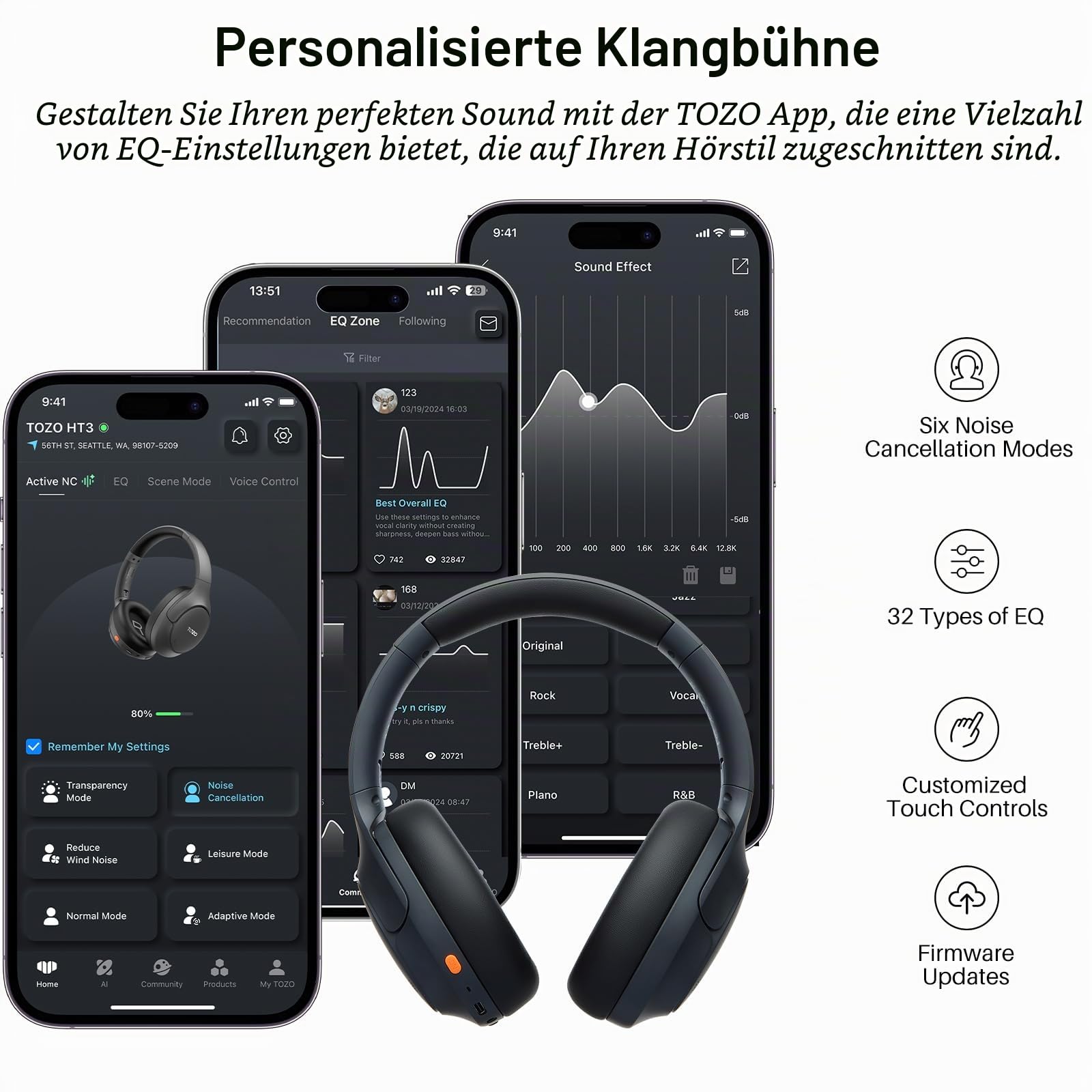TOZO HT3 Hybrid ANC Over-Ear Kopfhörer Kabellos Bluetooth Hi-Res Audio | 90 Std. Akku, 5 Mikrofone mit KI-ENC, Transparenzmodus, Dual-Geräte-Verbindung, 32 EQ Modi, Spatial Audio, Low-Latency