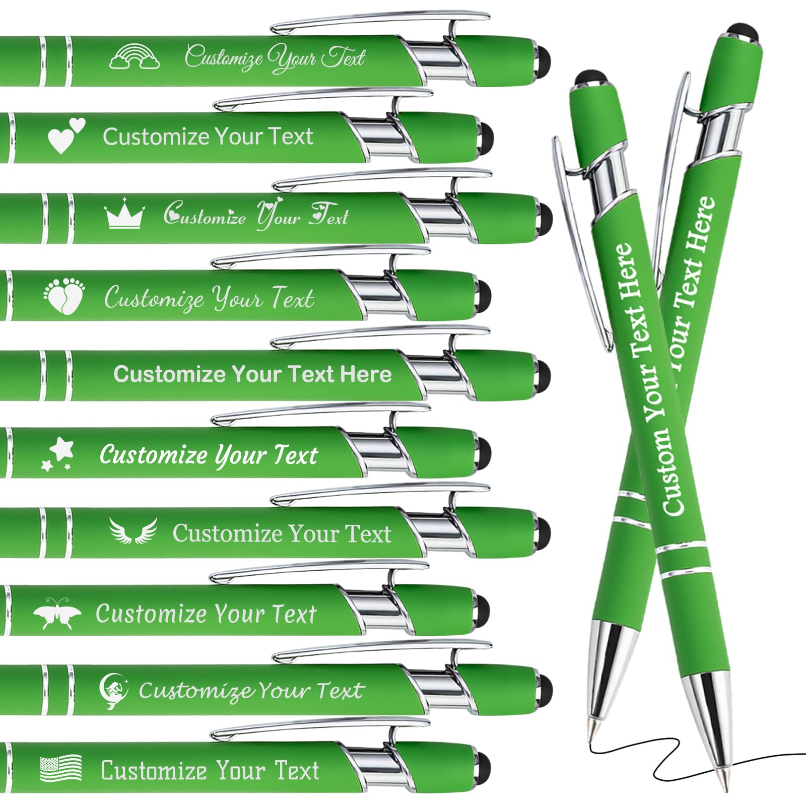 Personalised Pens Bulk Custom Pens with Logo Name 10 Pack Free Engraved Stylus Ballpoint Pens Customised Retractable Pen Message Text Gift for Men Women Black Ink Business Graduation Light Green — image 1