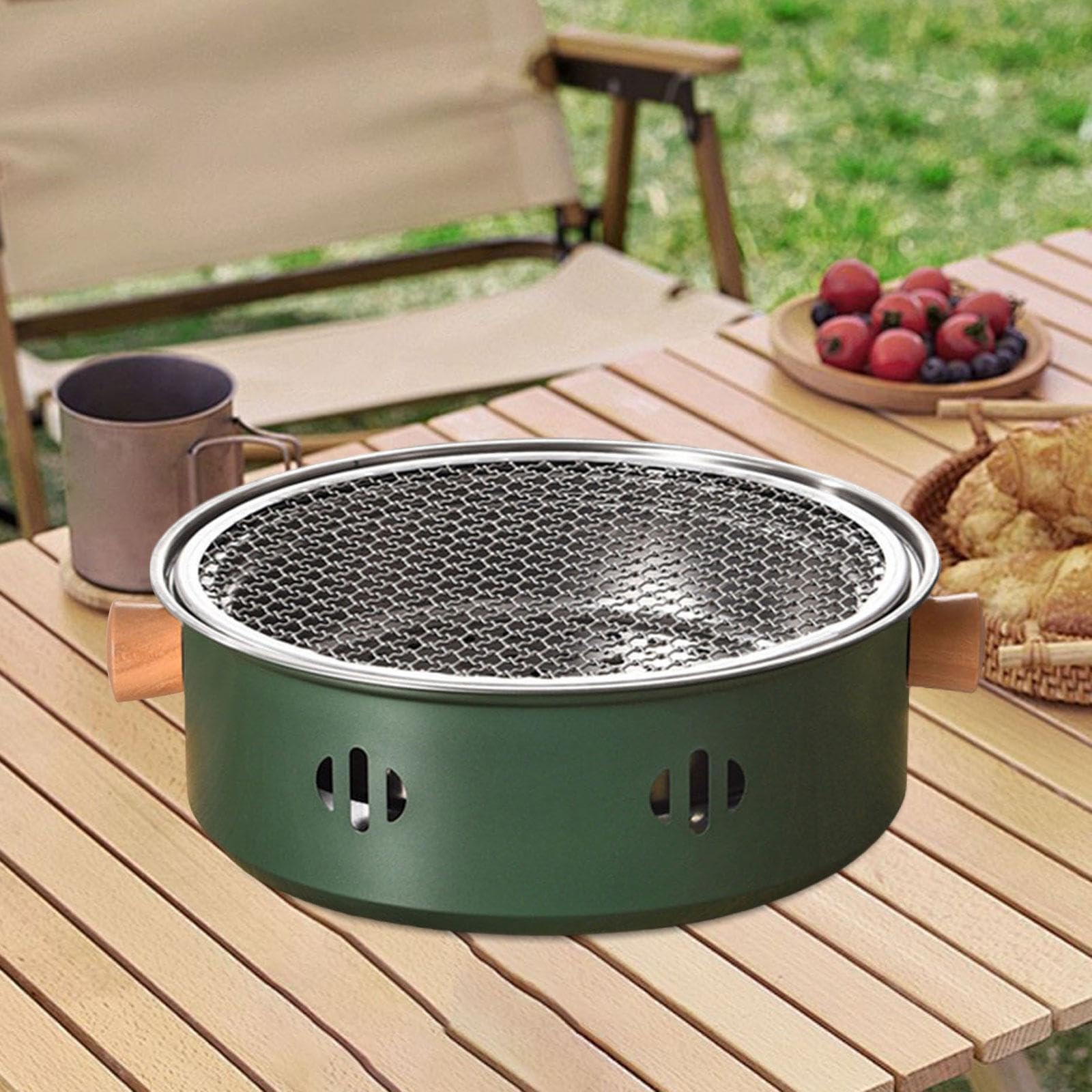 Griglia per barbecue coreana in acciaio inossidabile portatile staccabile per un facile trasporto e teiera da tavolo perfetta per campeggio interno ed esterno.