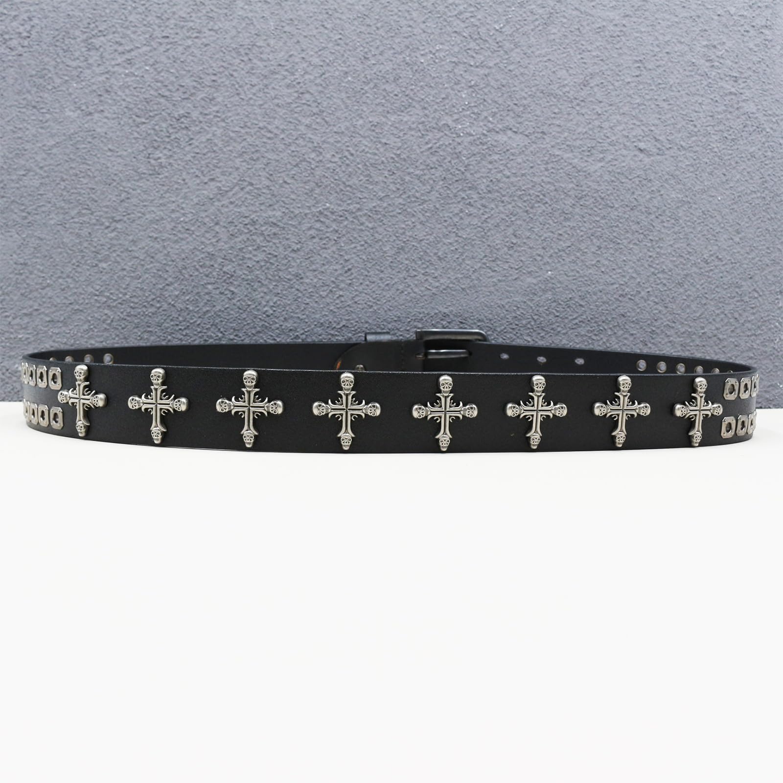 Cinturón De Cuero Con Tachuelas Gótico Punk, Remaches Cruz Calavera, Negro 115 Cm/45