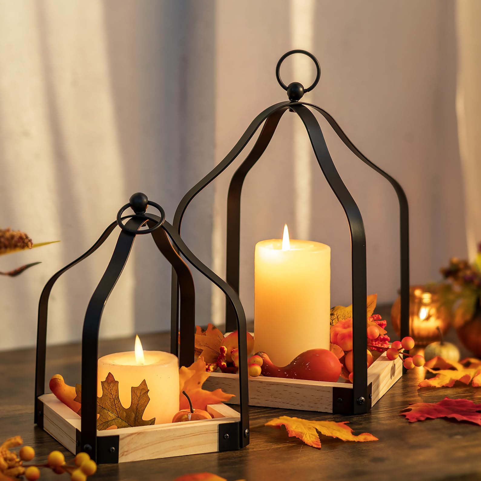 Romadedi Farmhouse Candle Lantern Decorative: Set of 2 Rustic Wood Candle Holder for Home Decor Living Dining Room Kitchen Fireplace Mantle Decorations Christmas Table Centerpiece