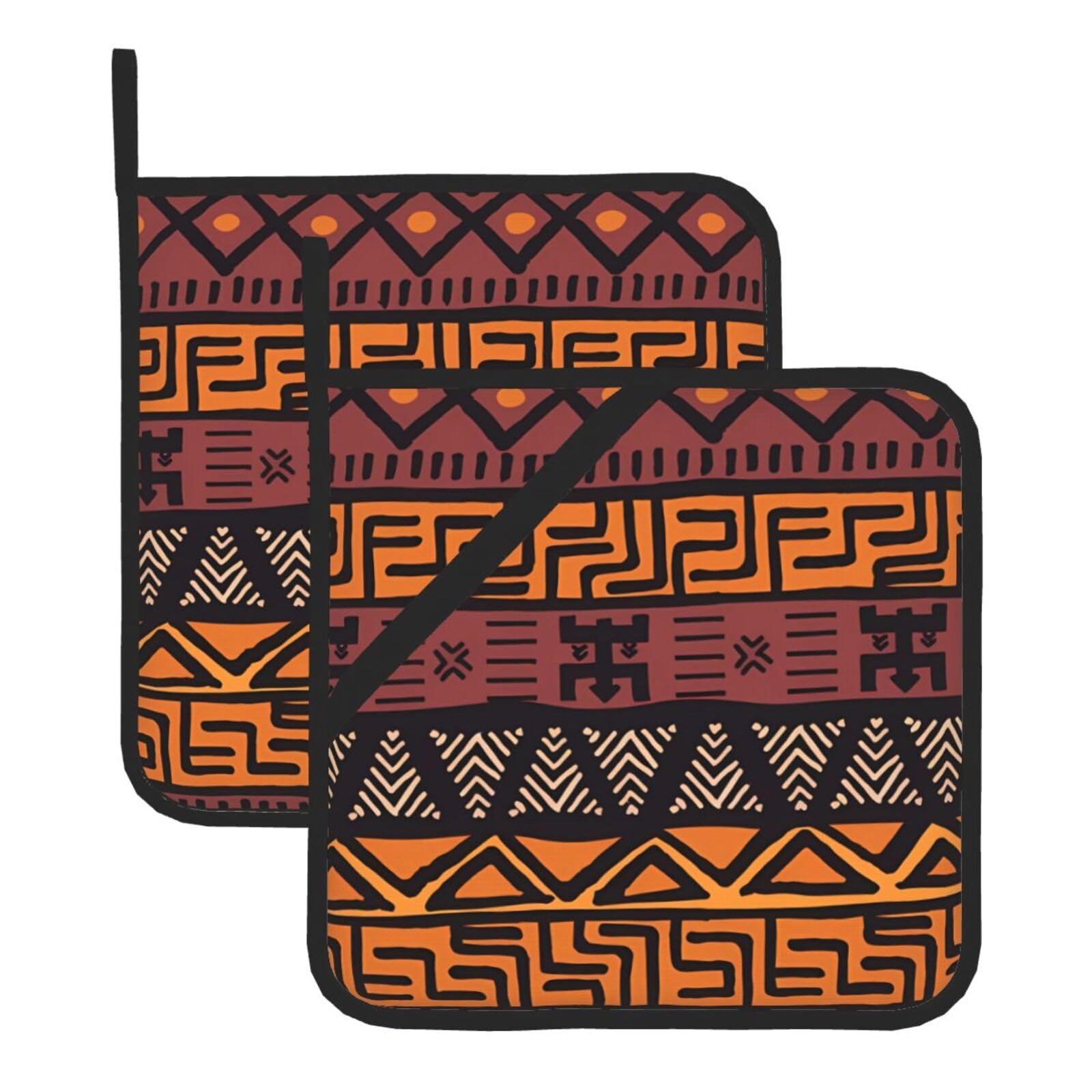 WHJSSF African Mud Cloth Tribal Prints Square Hot Pads for Kitchen Counter - Waterproof Trivets with Hanging Loop, Thick Pot Covers for Serving, Oven & BBQ - Set of 2 (1 with Pocket)