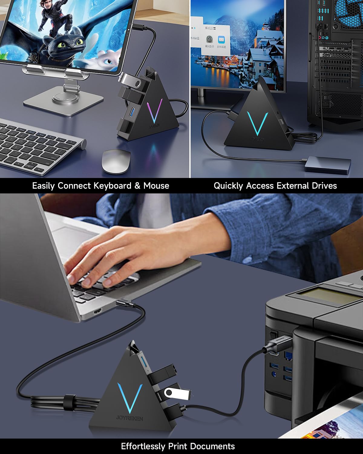 JoyReken USB 3.0 Hub,4 Port USB Hub Tower,2ft Cable USB Splitter for PC, Xbox One, PS4, PS5, iMac, Surface Pro, XPS, Laptop, Desktop, Flash Drive, Mobile HDD (Green)