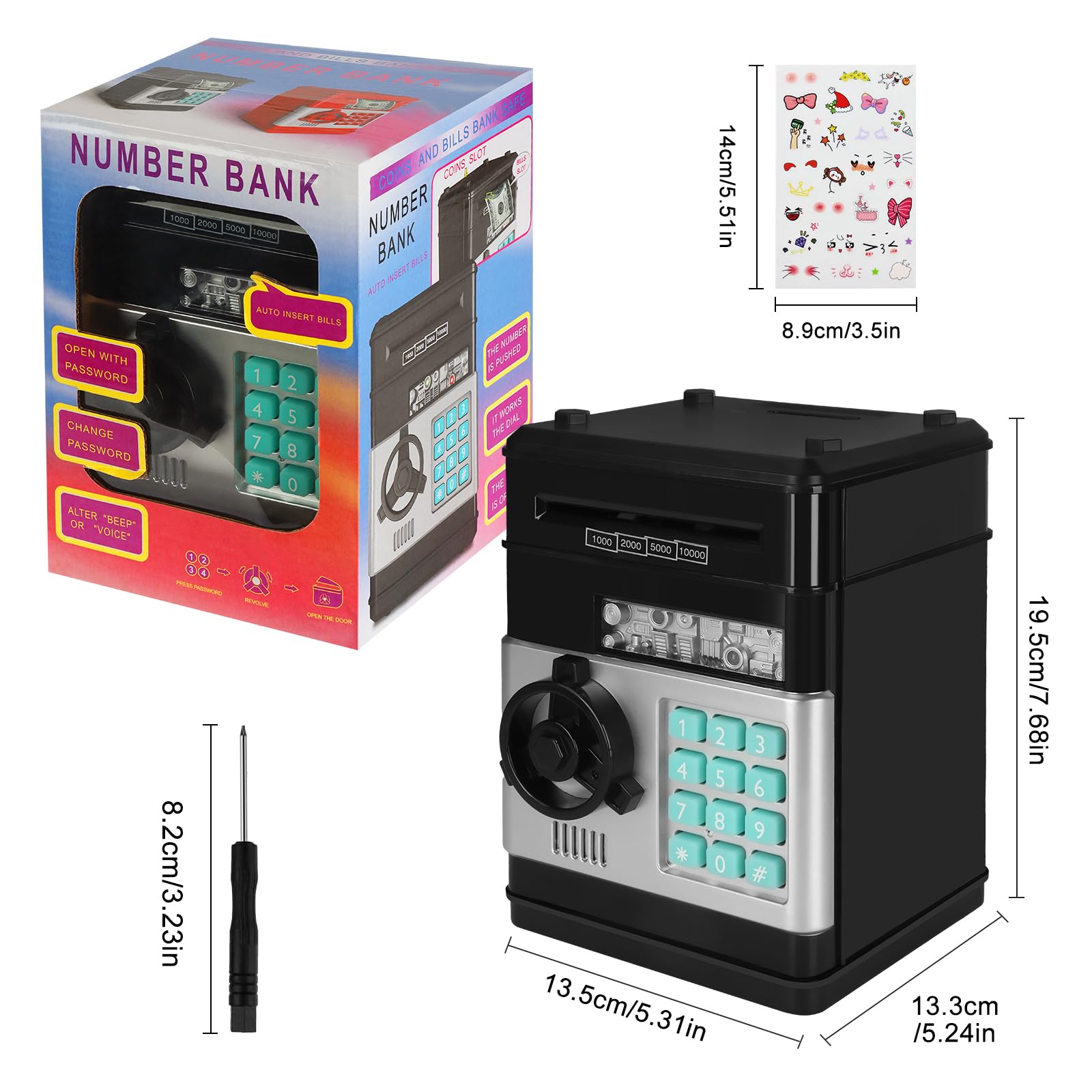 UCAMP Hucha electrónica para niños,Cajero Automático Digital con Contraseña y Recepción Automática de Dinero,Incluye 6 Pegatinas,Destornillador,Regalo para Niños y Niñas de 3 a 12 Años (Negro)