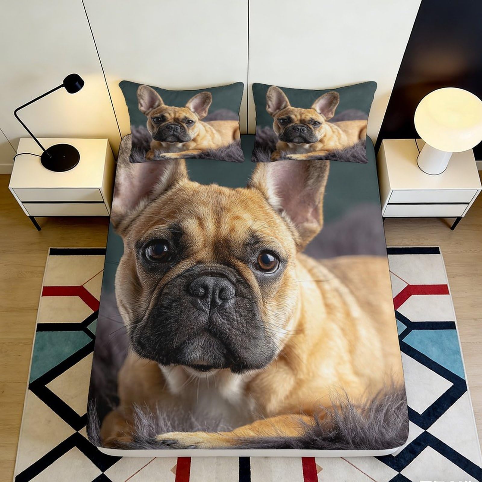 3D Printed French Bulldog Fitted Sheet Microfiber Durable Soft 3D Printed Pet Pattern Mattress Cover for Bedroom Dormitory Guest Room Protection 180x200x25cm