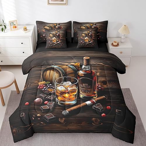 Miniatura 1 de Whisky - Juego de ropa de cama de 7 piezas tamaño Queen, juego de edredón retro de casa de campo con sábanas y fundas de almohada de whisky en una