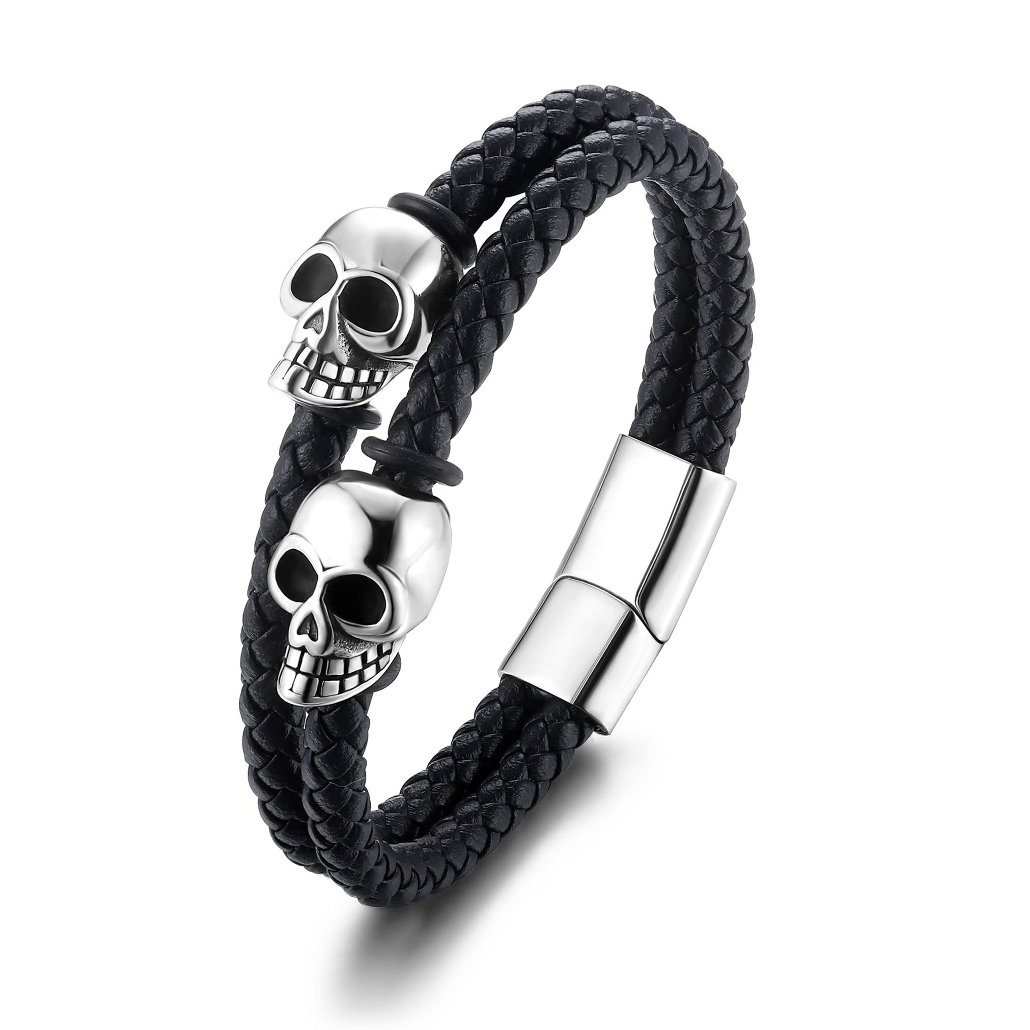 KALVICAPulsera de Cuero Pulsera para Hombre de Negro Calavera Negro Cuero Pulsera Vintage Cráneo Pulsera Cuero Trenzado con Cierre Magnético de Regalo para Hombres