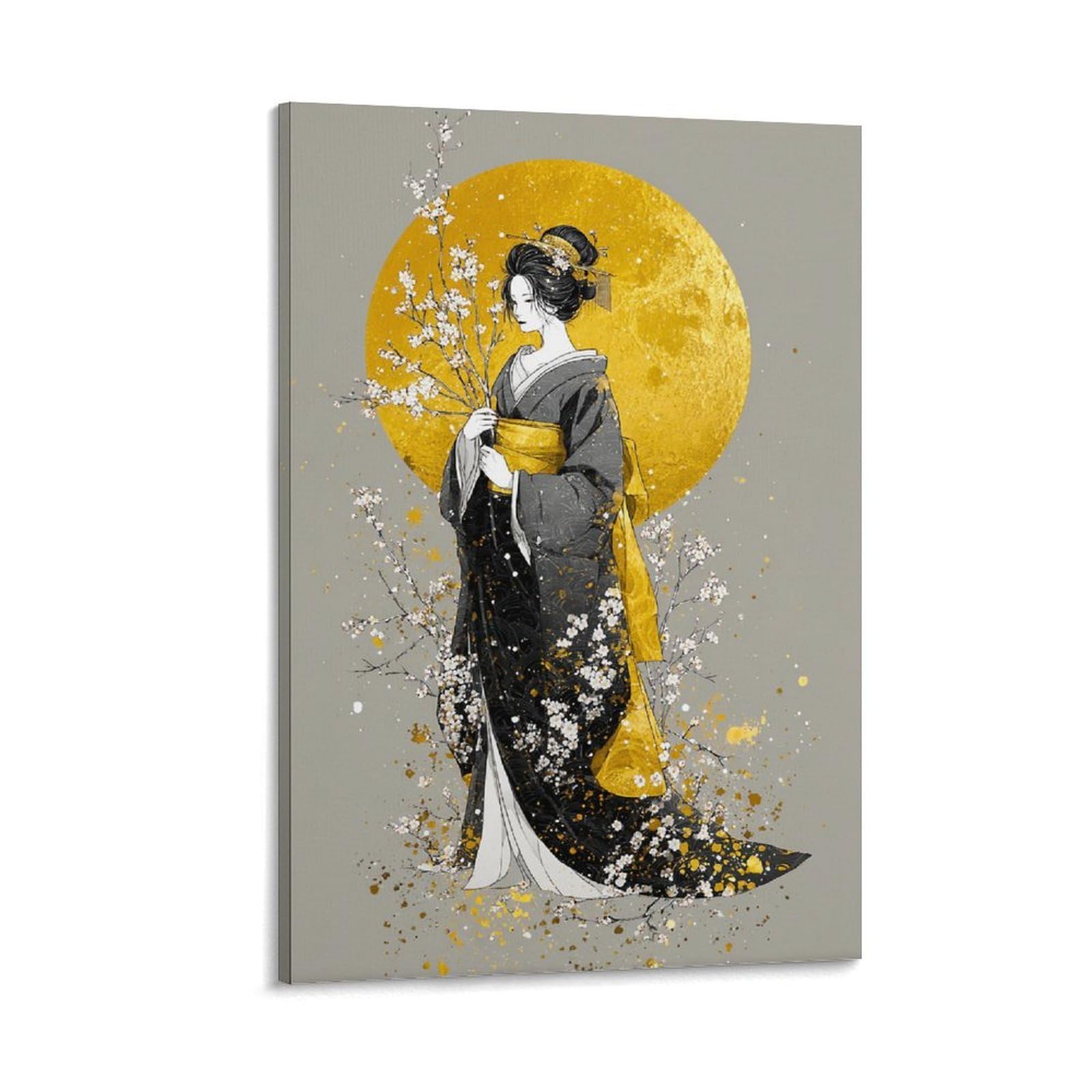 Riavbaodg Frame-Style-4 Japanese Geisha In The Moonlight Wall Decor Poster Geisha Giclee Canvas Prints Modern Canvas Wall Art Picture Hanging For Office Gym Living Room Decor 20X30inch(50X75cm)