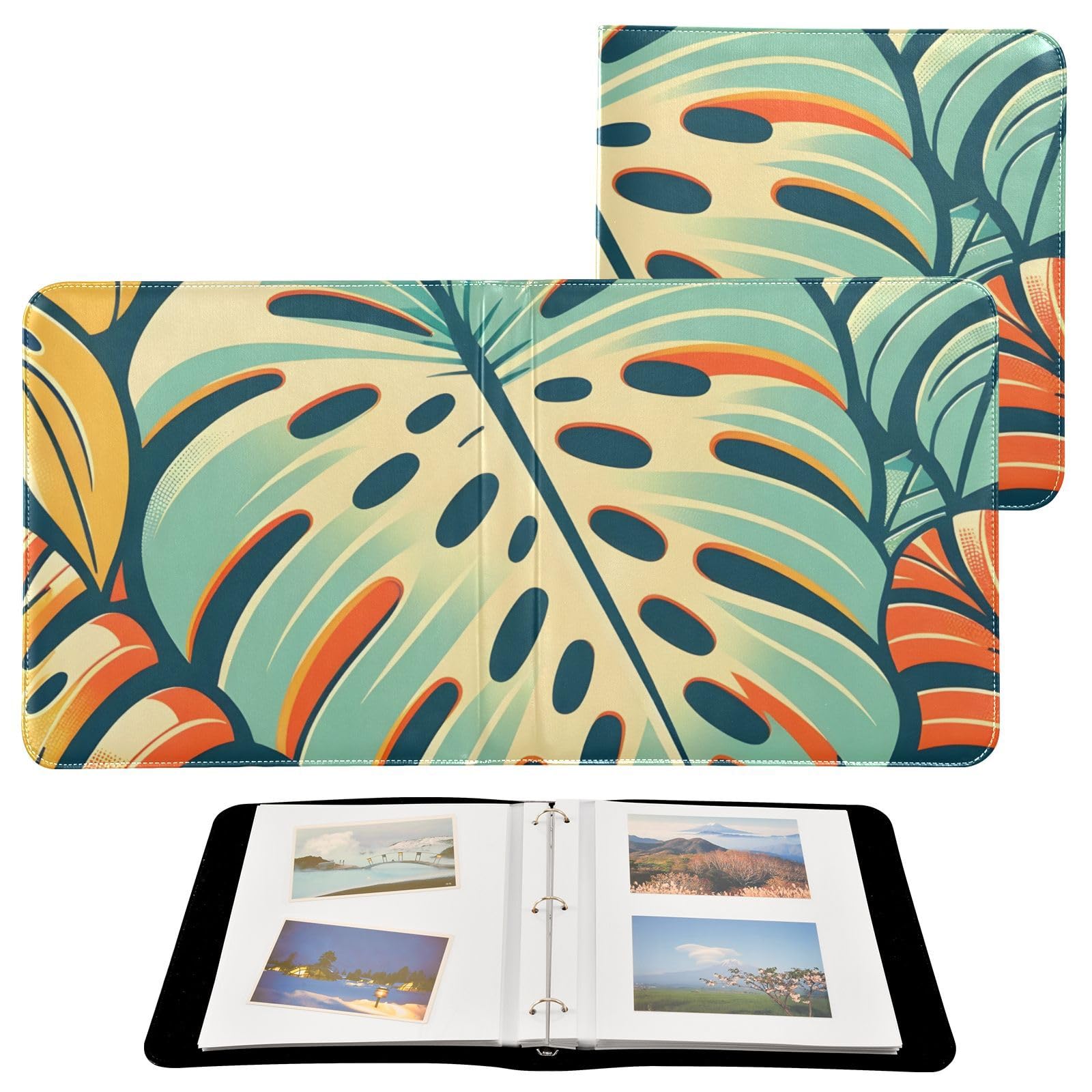 JIPONI Monstera Leaf Pattern Large Photo Album, DIY Leather Cover Scrapbook Albums for 4x6 5x7 6x8 Pictures, Self Adhesive Memory Book for Wedding, Baby, Family