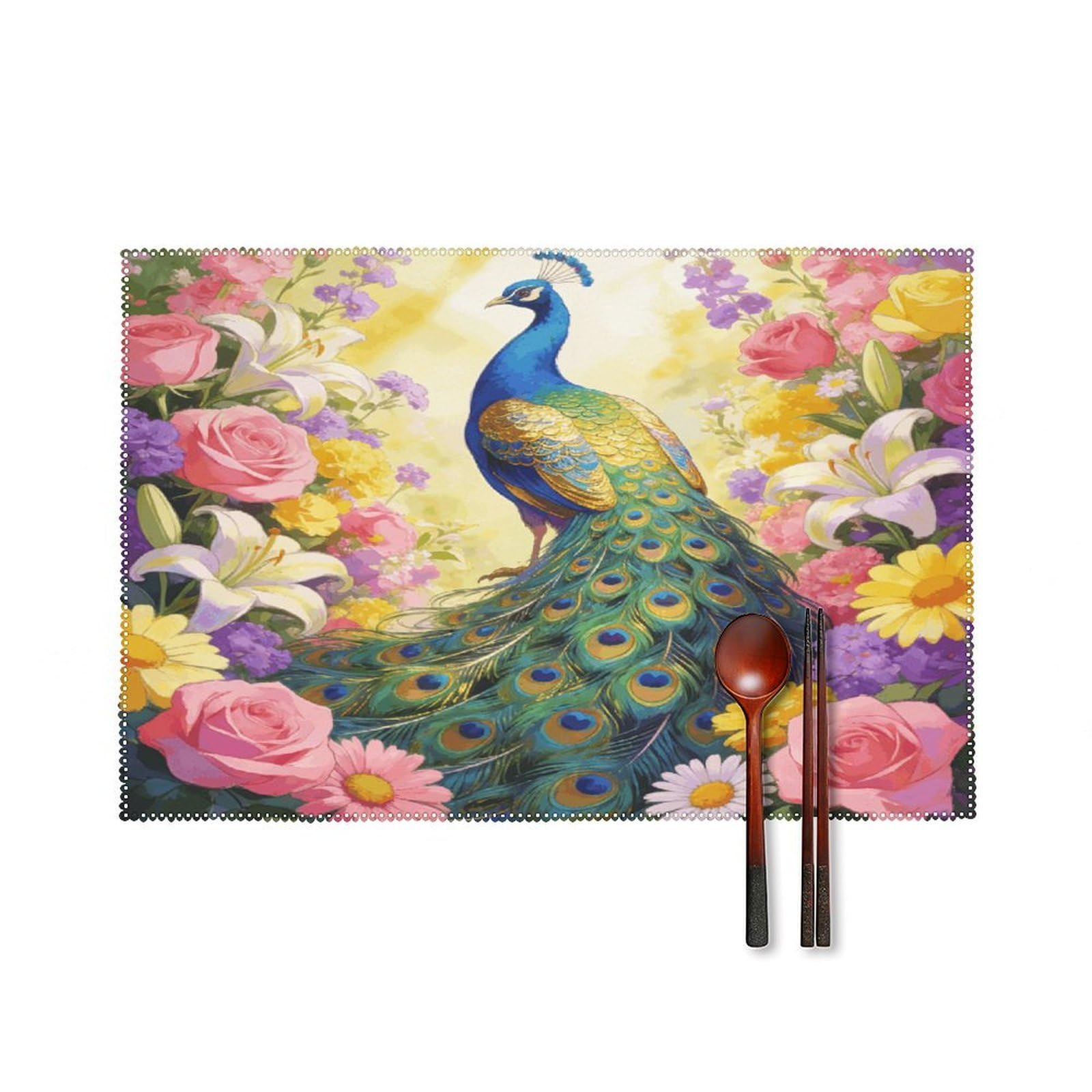 Khauerbc Style Colorful Peacock With Floral Background Placemats Set Of 6,Decorating The Dining Table，Canvas Washable Table Mats，Wipe Clean Anti Slip Dining Table Place Mats For Party Kitchen Dining Decoration