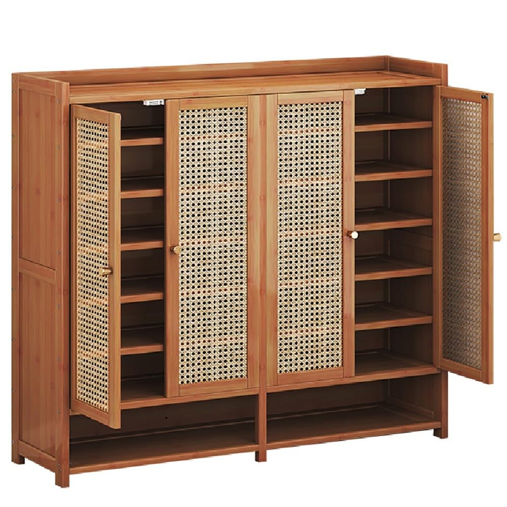 Schuhschrank aus Bambus mit 4 Rattantüren - 7 Ebenen Freistehendes Schuhregal mit Füßen, 120cm Breit - Moderner Schrank-Organizer für Flur und Wohnzimmer