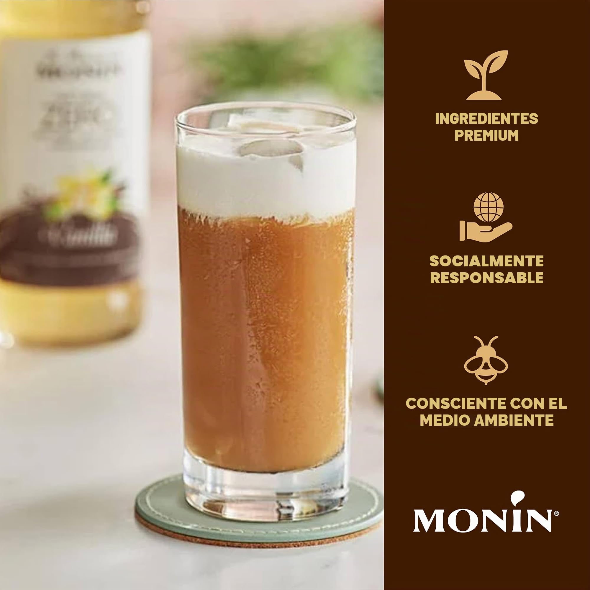 Monin - Jarabe de Vainilla Francesa, En Caja, Sabor Versátil, Sabores Naturales, Ideal para Cafés, Cócteles, Batidos y Bebidas para Niños, Sin OGM, Sin Gluten (1 Litro)