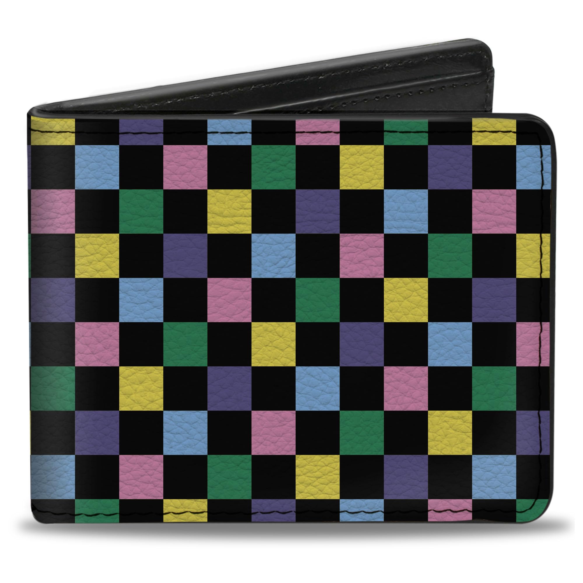 Buckle-Down Men's Wallet, Bifold, Checker Black Multi Pastel, Vegan Leather, 4.0" x 3.5"