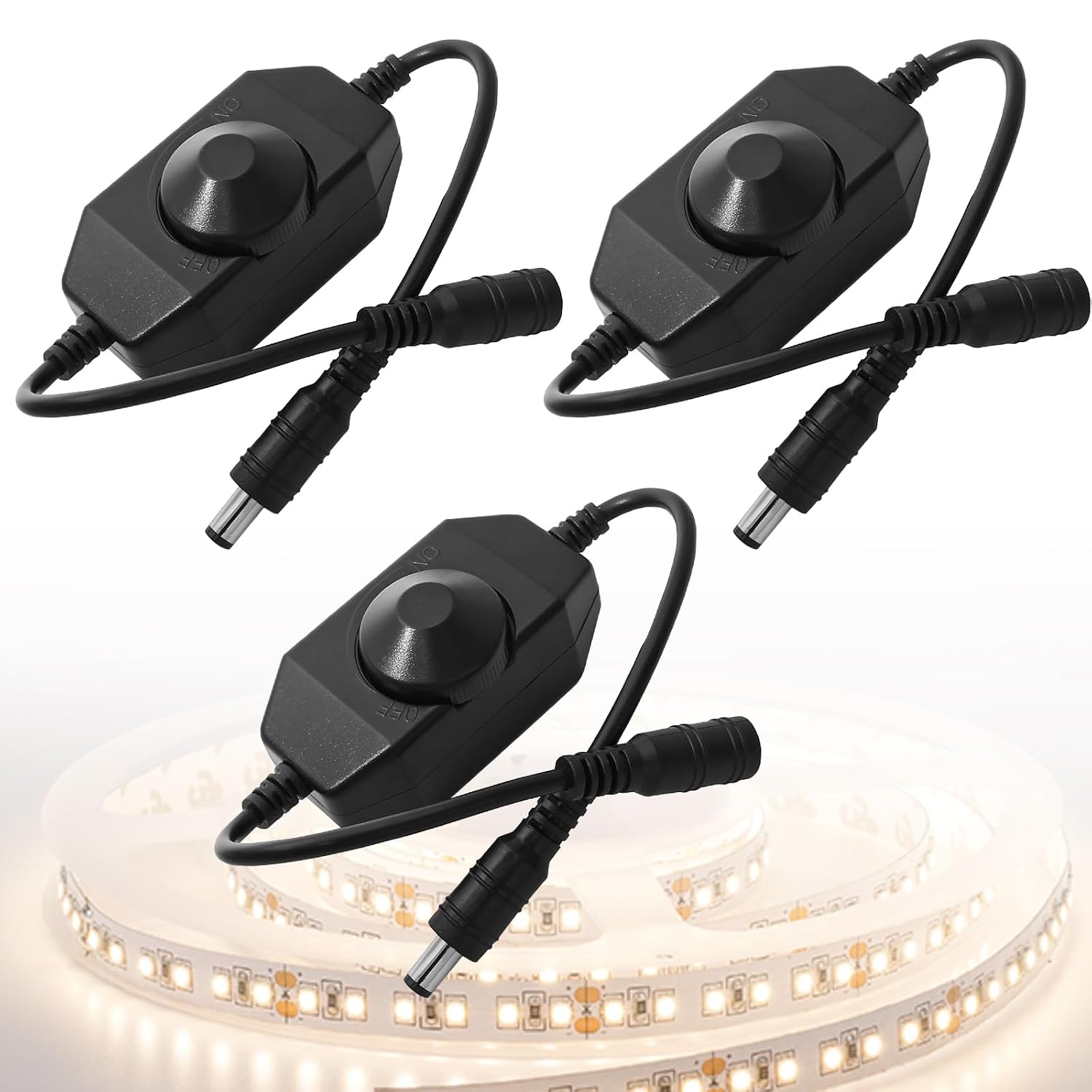 Uenhoy 3 Pcs LED Strip Light Dimmer Switch DC12V-24V Black PWM Rotary Dimmer Controller for LED Tape Ribbon & String Light