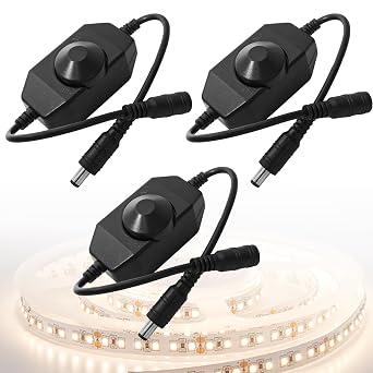 Uenhoy 3 Pcs LED Strip Light Dimmer Switch DC12V-24V Black PWM Rotary Dimmer Controller for LED Tape Ribbon & String Light