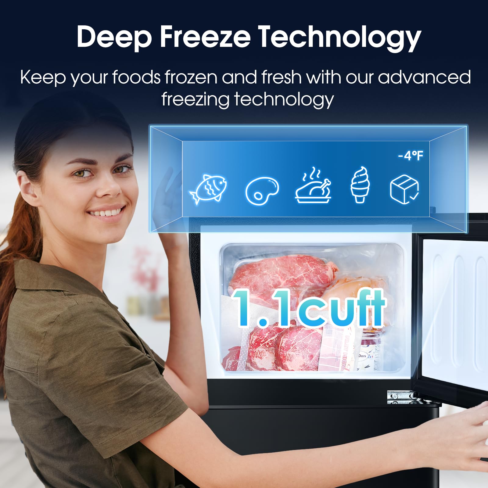 Anypro 3.2 Cu.Ft Fridge With Freezer With 2 Doors, Refrigerator With 7 Level Temperatures, LED Light, Adjustable Shelves, Food Storage Cooling Drink For Bedroom, Office, Dorm, Apartment, Black on Fridge.com - View 3