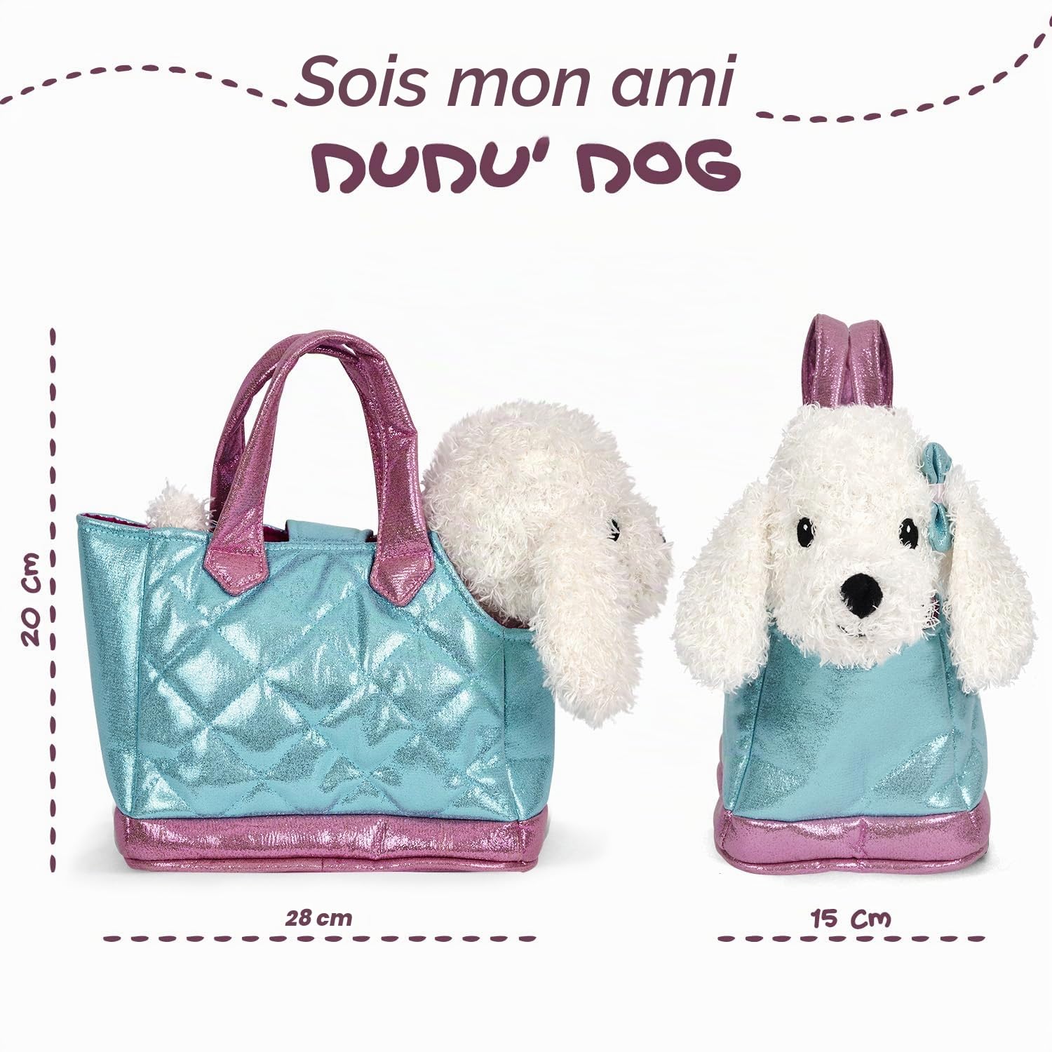 PERLETTI Sac à Main Fille 3 4 5 6 Ans avec Peluche Amovible - Sac Transport avec Animal Doux Caniche ou Chat - Sacoche pour Enfants Petite Fillette École Maternelle