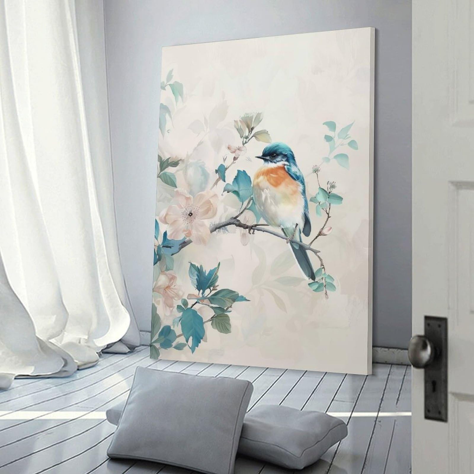 Junmoney Frame-Style-11 Bluebird On Branch With Flowers Wall Art Print, 20X30inch(50X75cm), For Living Room, Bedroom, Office Or Hallway, A Flexible Wall Accent For Shared Spaces