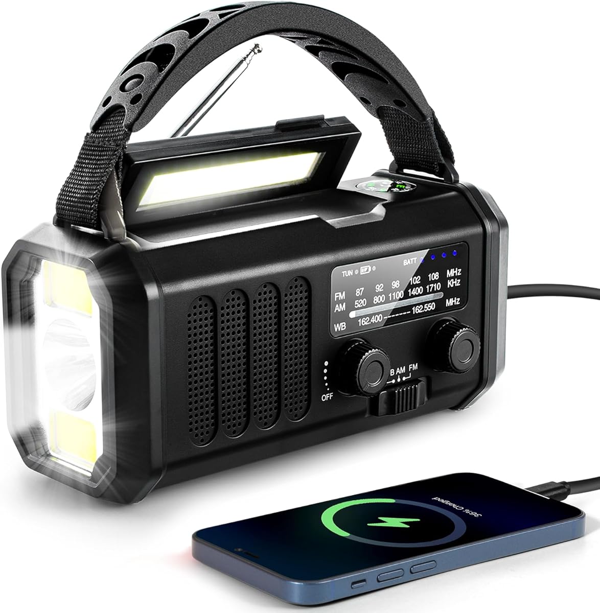 10000mAh Emergency Crank Radio,NOAA/AM/FM Weather Radio, Type-C Charge,Solar Charging,SOS, 3 Modes LED Torch, Reading Lamp, Compass for Outdoor Survival(Black)