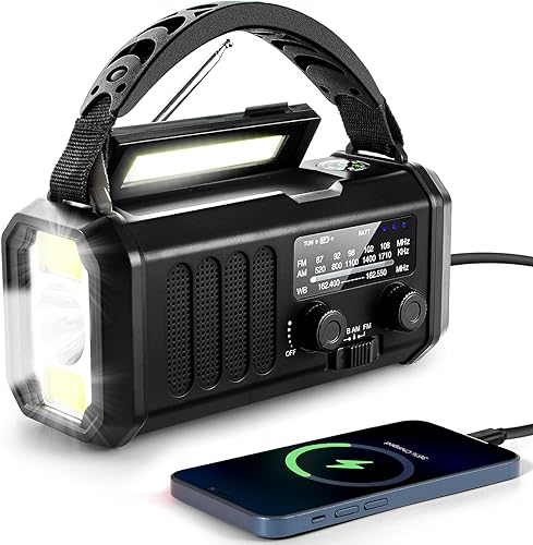 Radio de manivela de emergencia de 10000 mAh, radio meteorológica NOAAAMFM, carga tipo C, carga solar, SOS, linterna LED de 3 modos, lámpara de