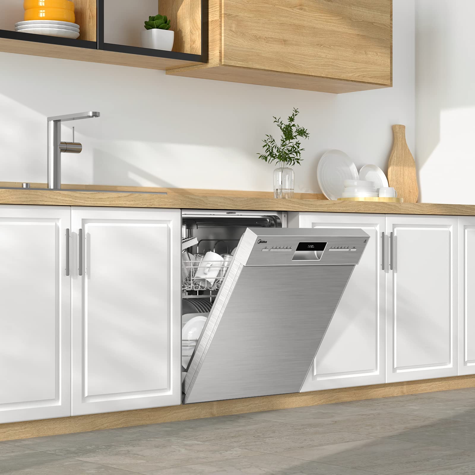 Midea MDWEU1435XSS-W, 14 controsoffitto, lavastoviglie 60 cm, parzialmente integrabile con WiFi, asciugatura extra, 7 programmi, 47 dB, ritardo di avvio 0-24h, acciaio inox