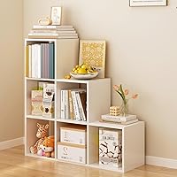 Vista 1 de Ladder Cube Storage Bookcase - Wooden L-Shaped 3-Tier Corner Shelf, Reversible 6-Cube Organizer for Home & Office, White