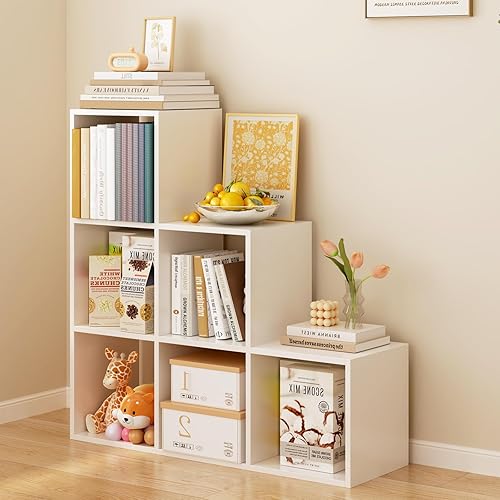 Estantería de almacenamiento en forma de cubo de escalera, estante esquinero de 3 niveles en forma de L, organizador reversible de 6 cubos para el