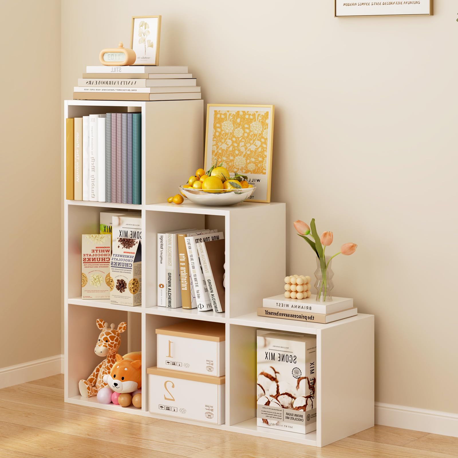 OSCHF Ladder Cube Storage Bookcase - Wooden L-Shaped 3-Tier Corner Shelf, Reversible 6-Cube Organizer for Home & Office, White