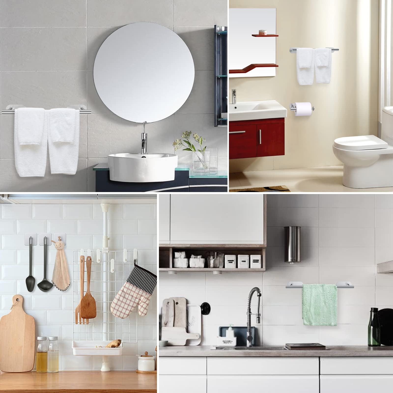 JiGiU Set Porta Asciugamani 5 Pezzi per Bagno, Cucina e Camera - Accessori in Acciaio Inox 304 con Porta Carta Igienica e 3 Ganci Adesivi, Design Moderno Senza Trapano (40cm, Grigio Spazzolato)