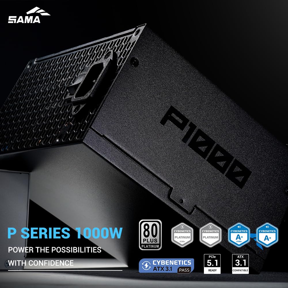 SAMA P1000 Alimentatore Completamente Modulare – 1000W 80 Plus Platinum, Compatibile con ATX 3.1 e PCIe 5.1 | Connettore 12V-2x6 per NVIDIA RTX 50/40, Ventola FDB Silenziosa – Nero