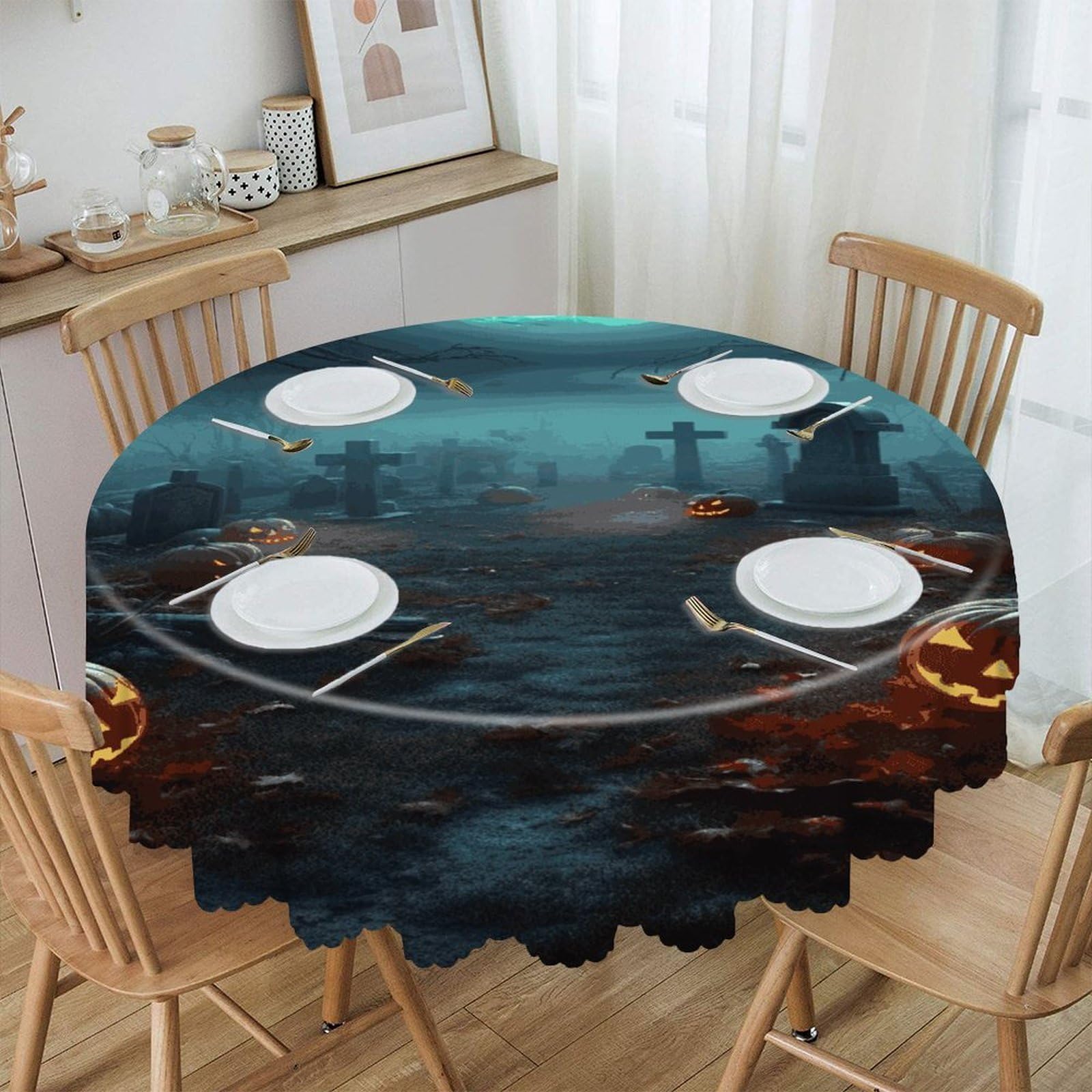 Btcowzrv Style Horror Pumpkin Cemeteryhorror Pumpkin Cemetery Polyester Round Tablecloth 59.84 Inch, Decorative Washable Table Cover, Table Cloth For Restaurant Picnic Indoor And Outdoor Dining