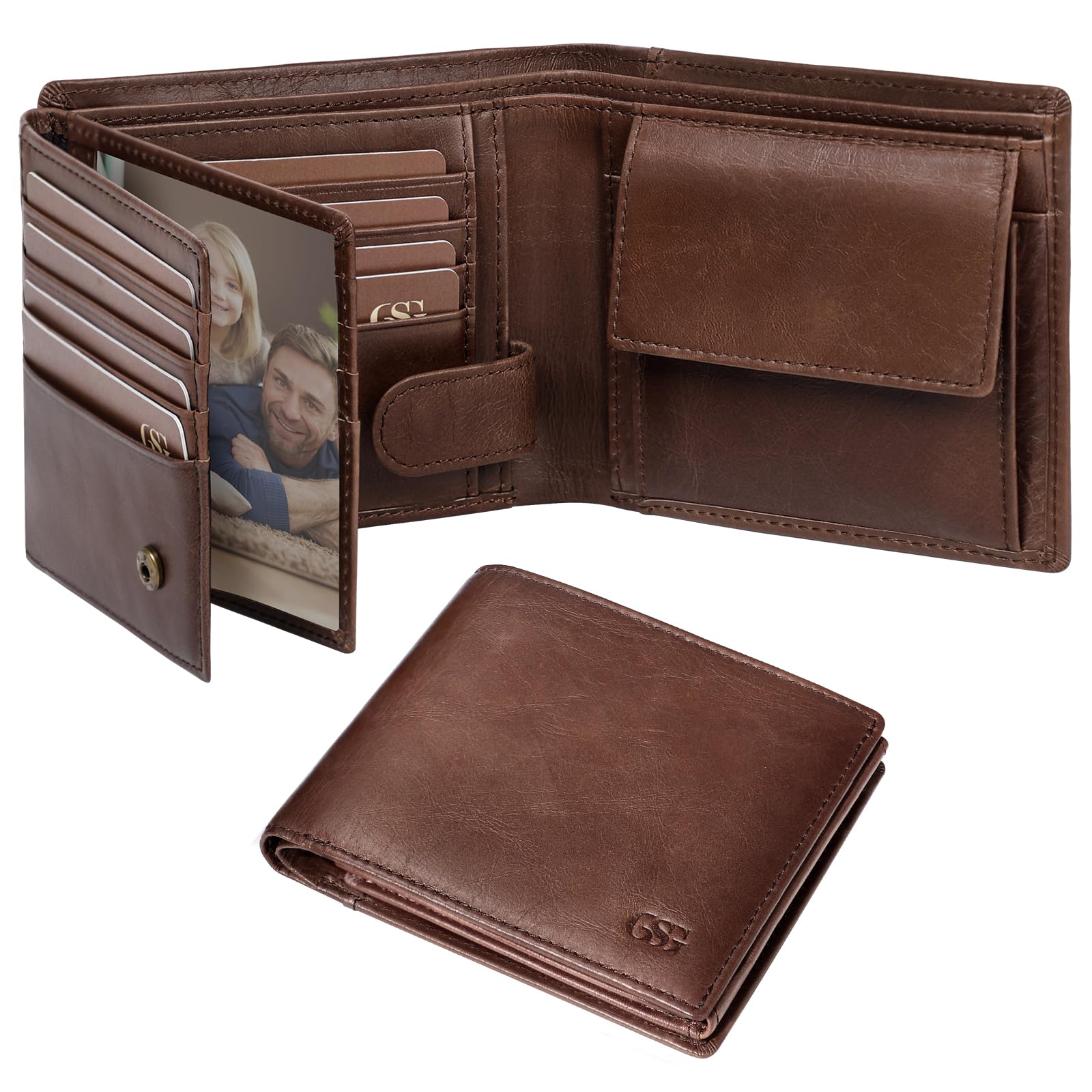 Mens Cowhide Leather Wallets with Coin Pocket,17 Credit Card Slots, 2 Banknote Compartments Genuine Leather RFID Wallet Brown