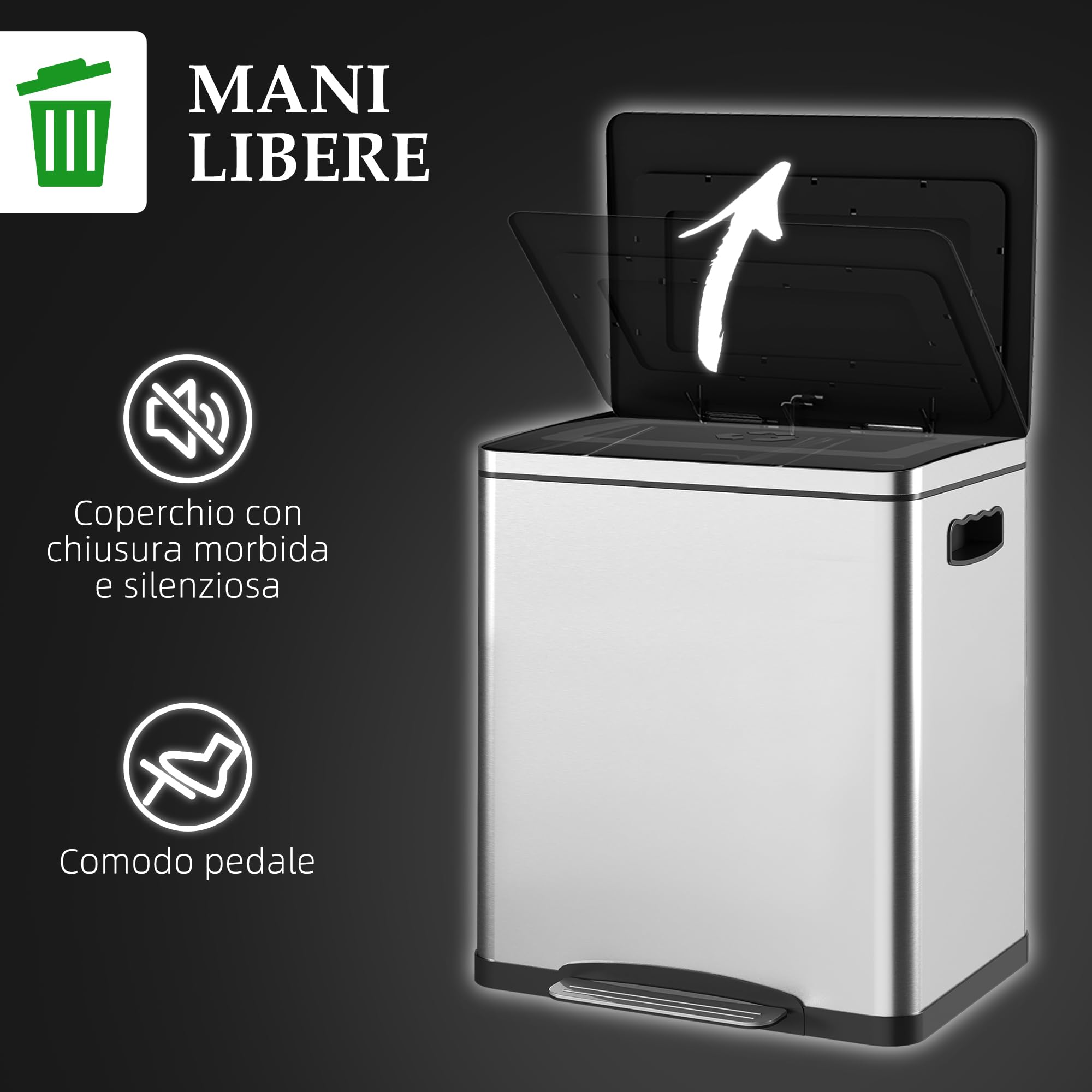 HOMCOM Bidone Spazzatura a 2 Sezioni 15L a Pedale 40x34.8x47.5 cm Argento | Coperchio a Chiusura Morbida, Cestino Immondizia, Acciaio Inox e PP