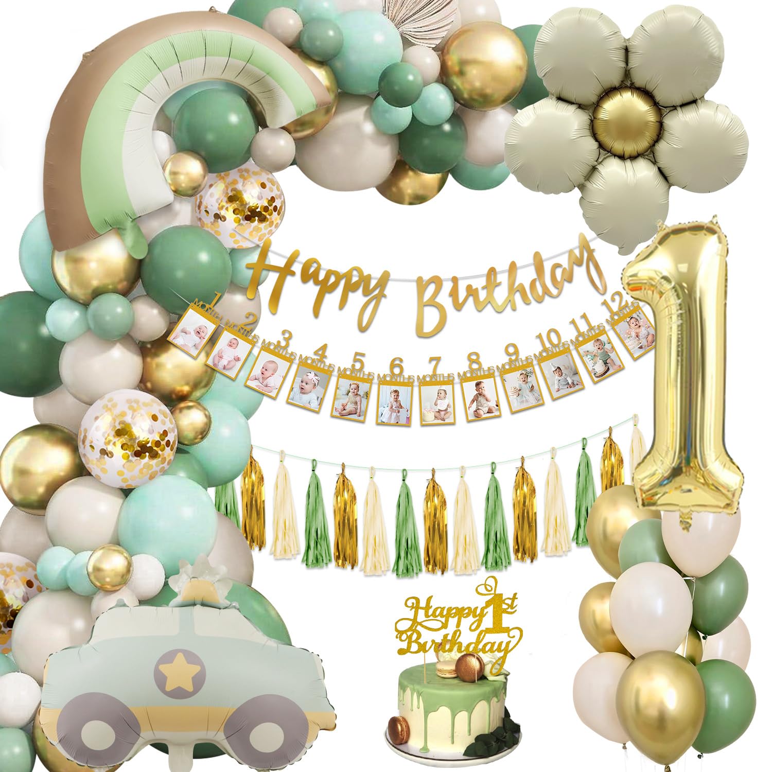 Decoracion Cumpleaños 1 Año Niño Niña, Verde Globos Cumpleaños 1 Año, Decoración Cumpleaños 1 Año Globos Infantil, Decoracion Fiesta Cumpleaños para Bebe 1 Año, Globos 1 año con Cumpleaños Foto Banner