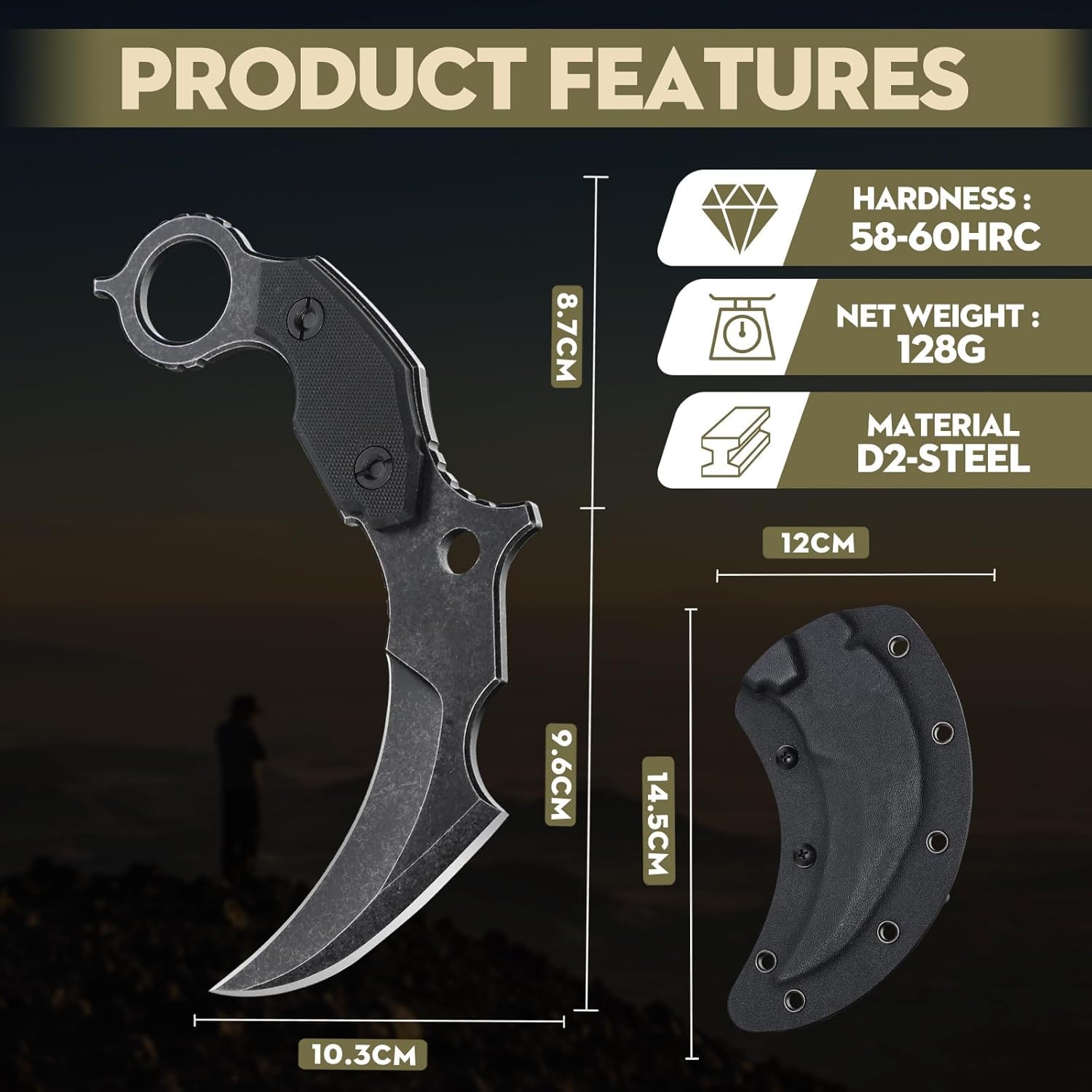 TAN REN Jagdmesser Feststehende Klinge, Outdoor Messer mit Kydex Scheide, Survival Messer D2 Stahl Pilzmesser für Picnic & BBQ Ideal Geschenk für Männer