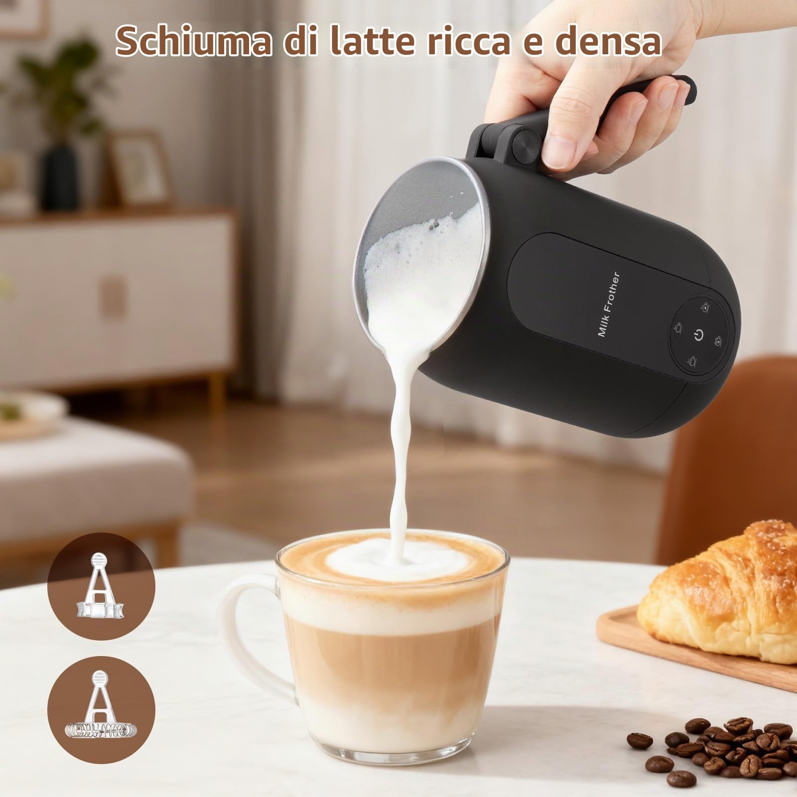 Montalatte e Schiumatore, Montalatte Elettrico 4 in 1 con Controllo Touch Intelligente e Manico Pieghevole Macchina per Schiuma Calda e Fredda per Caffè Latte Macchiato e Cioccolata Calda