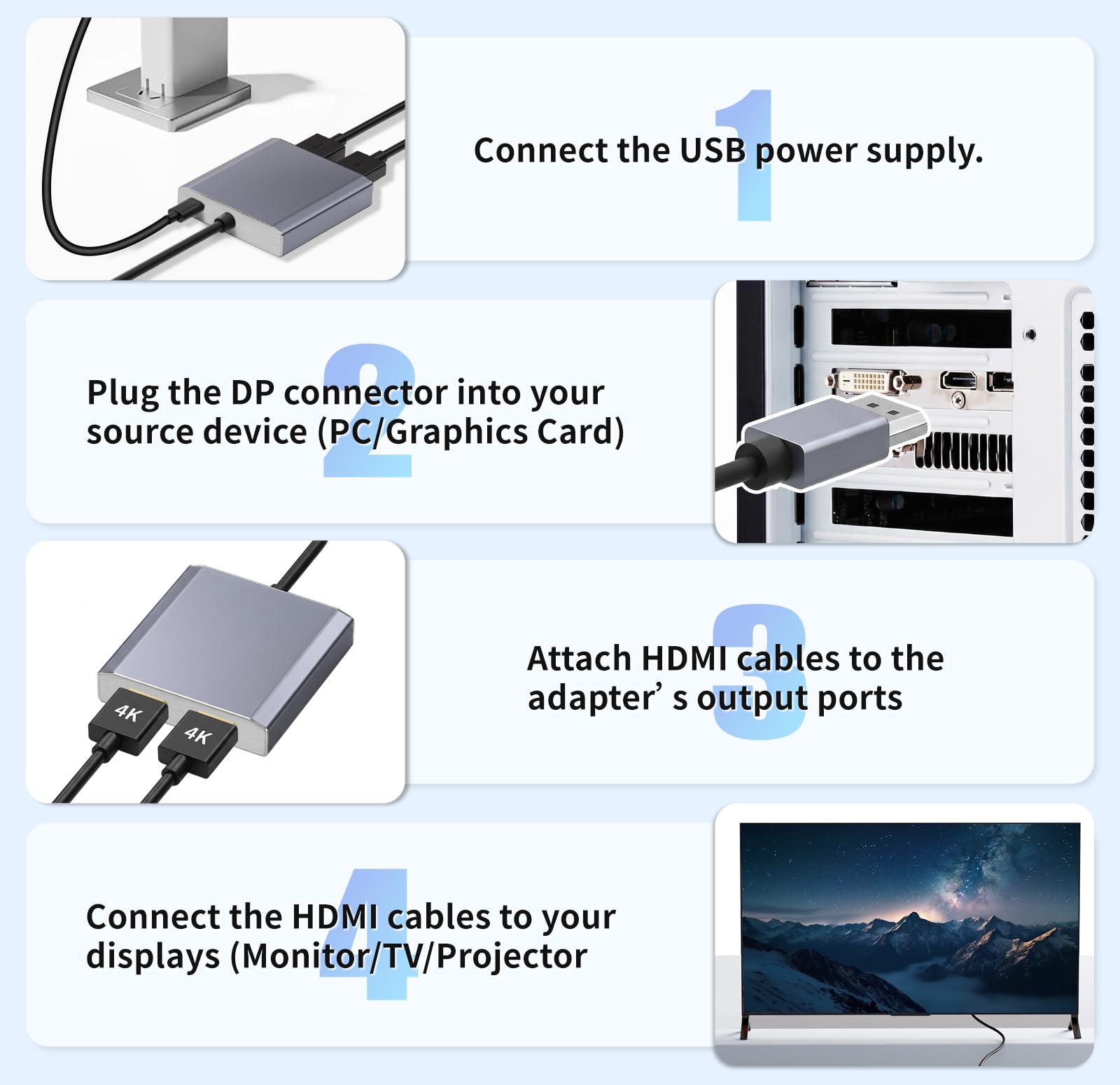 Adaptateur DisplayPort vers double HDMI 1 entrée 2 sorties, répartiteur DP vers HDMI 4K @ 60 Hz pour deux écrans, hub MST à affichage étendu pour PC Windows, carte graphique NVIDIA/AMD [Mac OS