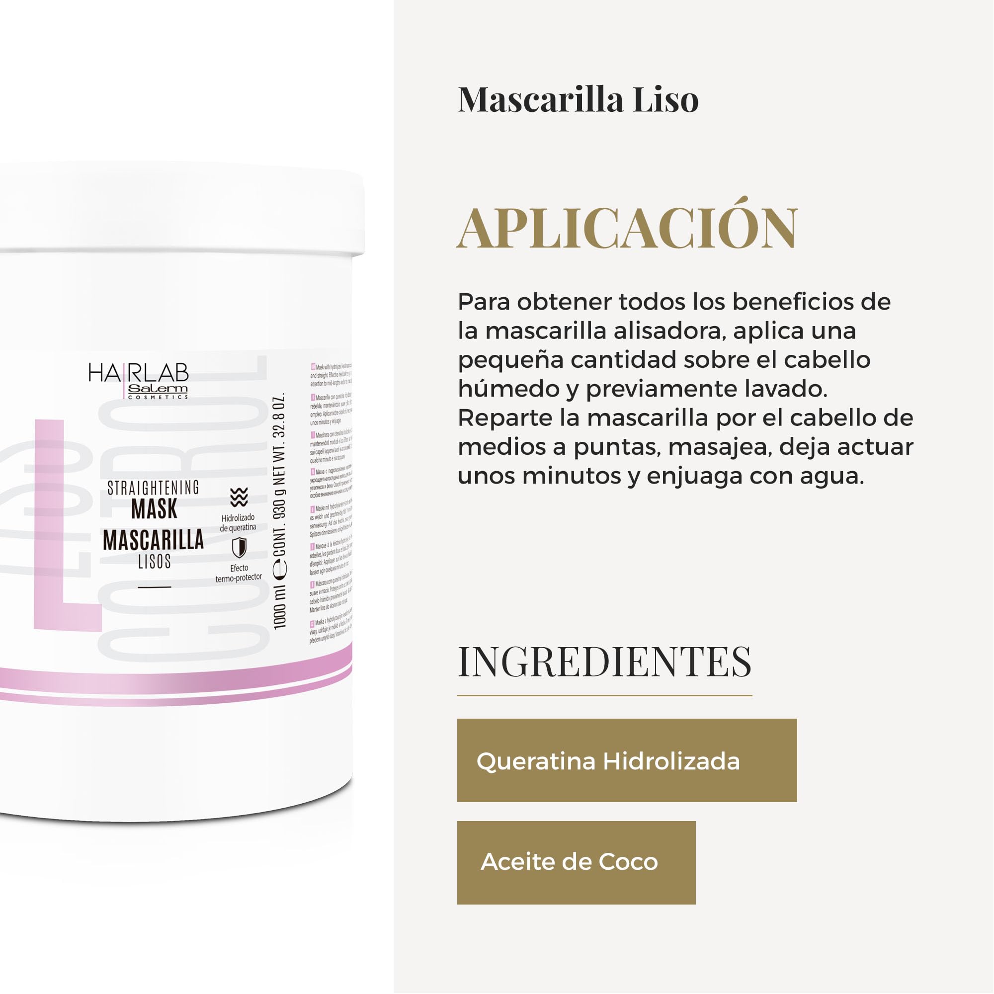 SALERM - Mascarilla Alisadora Pelo - Lisos Hair Lab - 1000 ml - Alisado Perfecto para Cabello Rebelde - con Queratina Hidrolizada y Aceite de Coco - Protector de Calor para el Pelo - Elimina el Frizz