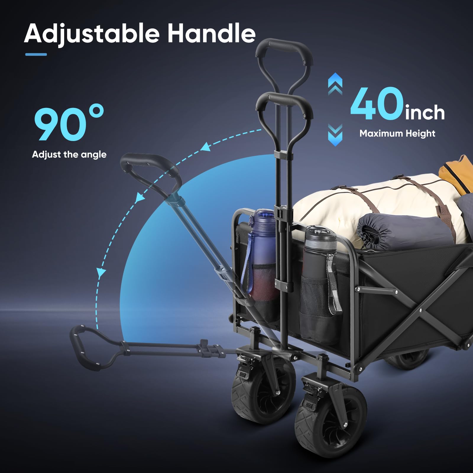 Chariot de Plage Pliable, Charette Pliable avec Porte-Boissons, 100 L, 100 kg, Chariot de Transport, Chariot de Jardin, Chariot à la Plage, pour Les Courses, adapté au Tout-Terrain avec Freins