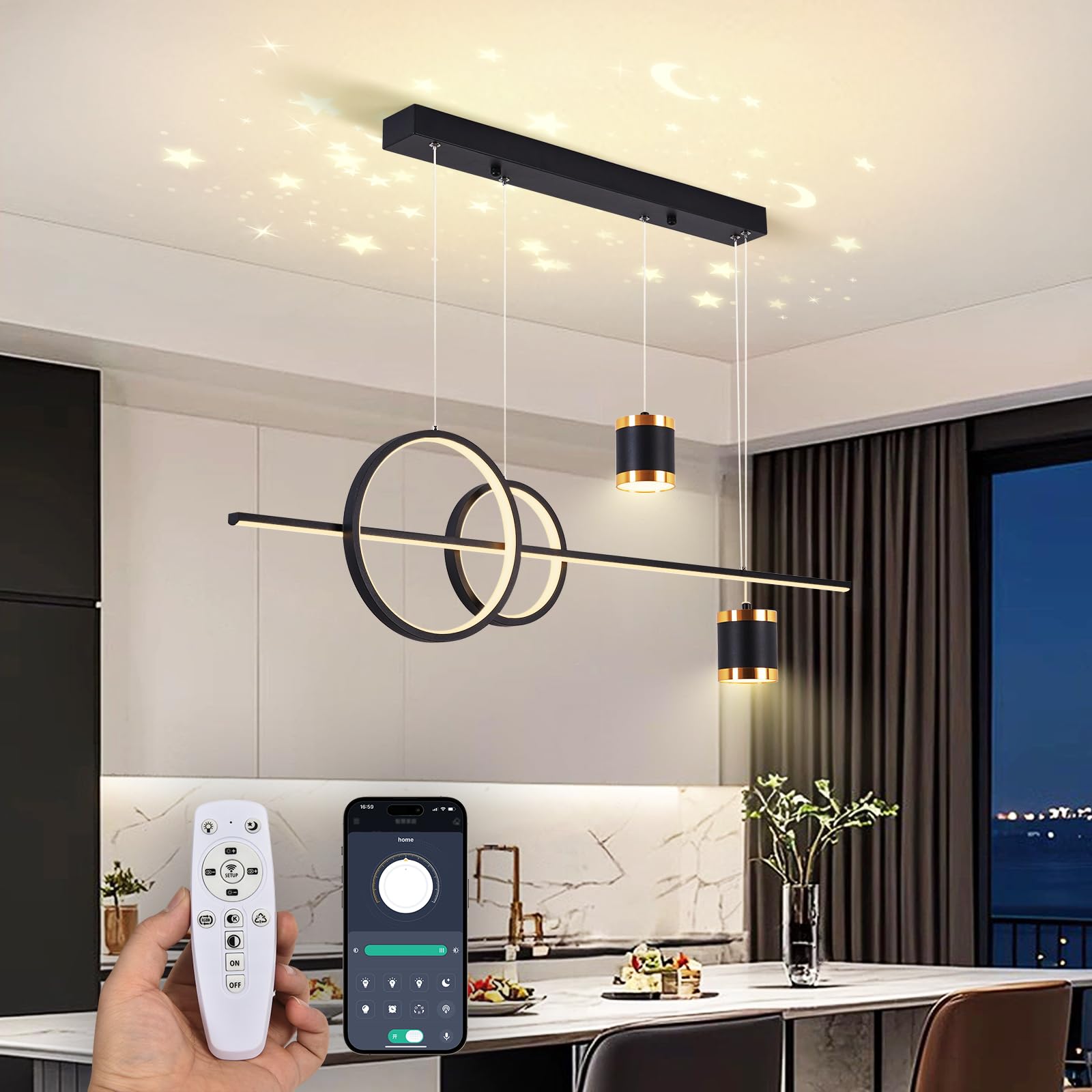 RRBEST Moderna lampada a sospensione LED Tavolo da pranzo, lampada a sospensione dimmerabile per soggiorno, lampada regolabile per sala da pranzo per sala da pranzo cucina isola soggiorno