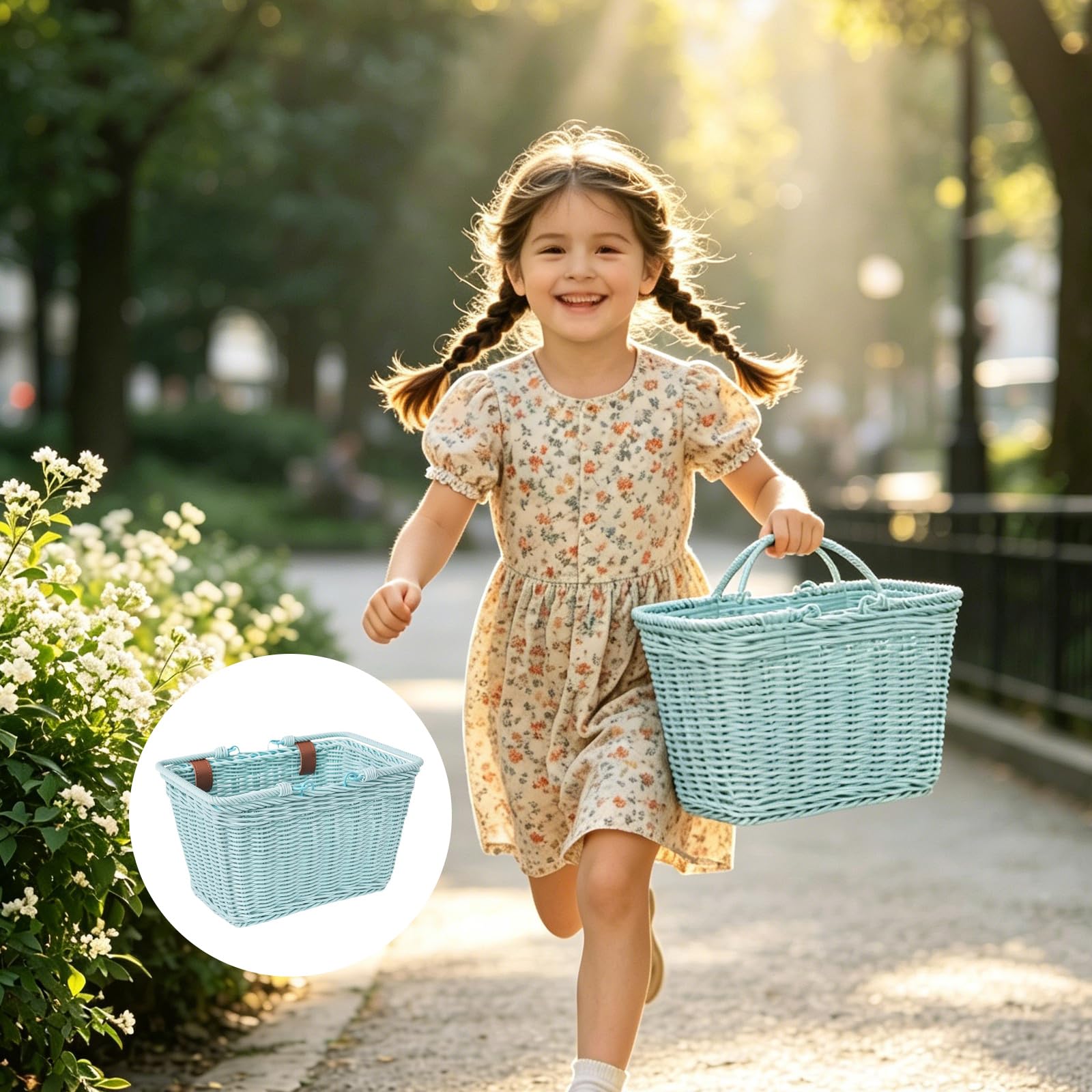 Cestino anteriore per bicicletta, effetto vimini, cestino anteriore per bicicletta per bambini con cinghie, cestino rimovibile, cestino portaoggetti intrecciato a mano, per bicicletta, bicicletta