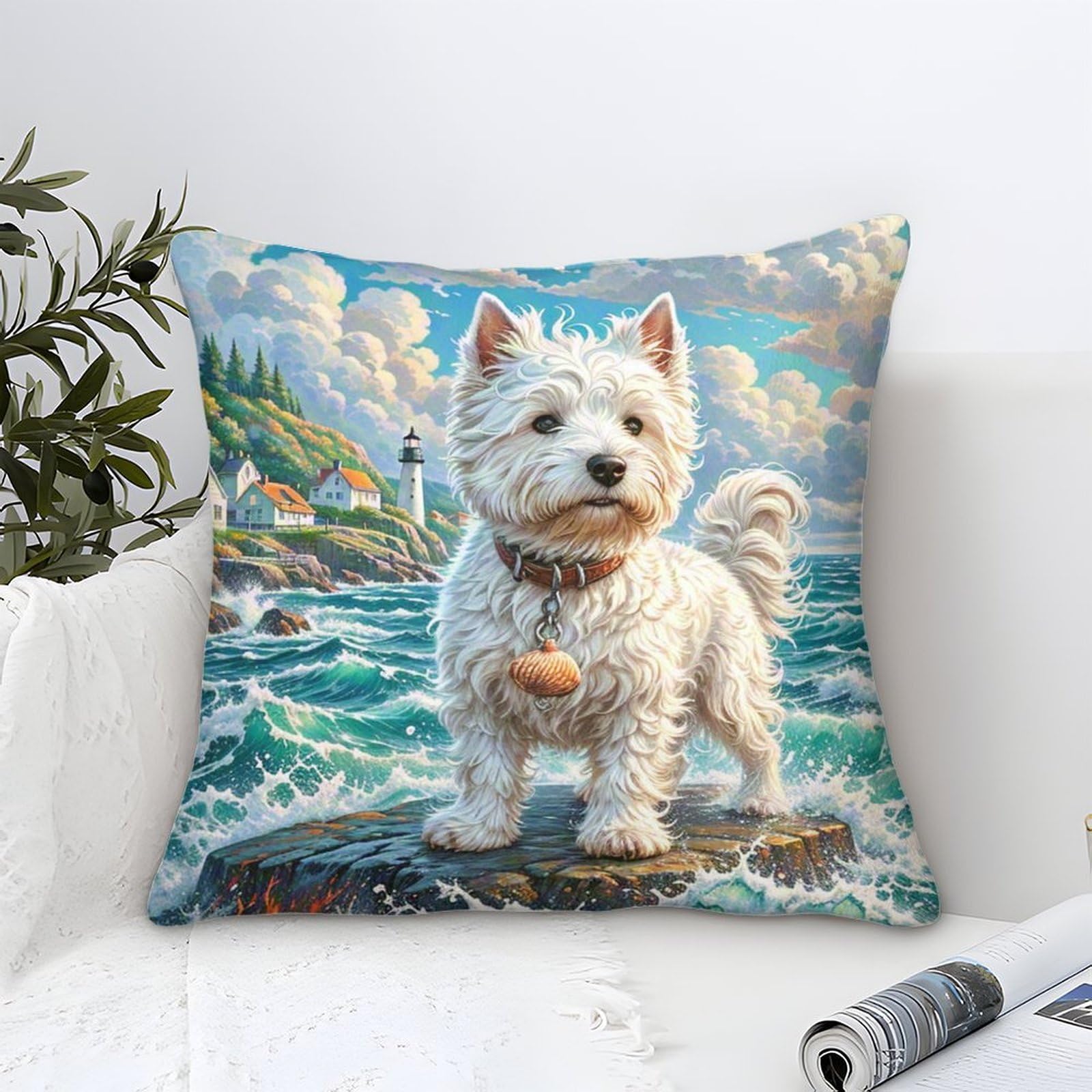 Yyvkpmlxc Style-1 Cushion Cover West Highland White Terrier Modern Art Decorative,Seaside Lighthouse Oil Painting Square Pillow Cases Soft Polyester Throw Pillow Cover For Sofa Garden Bed Couch Cushions 45X45cm